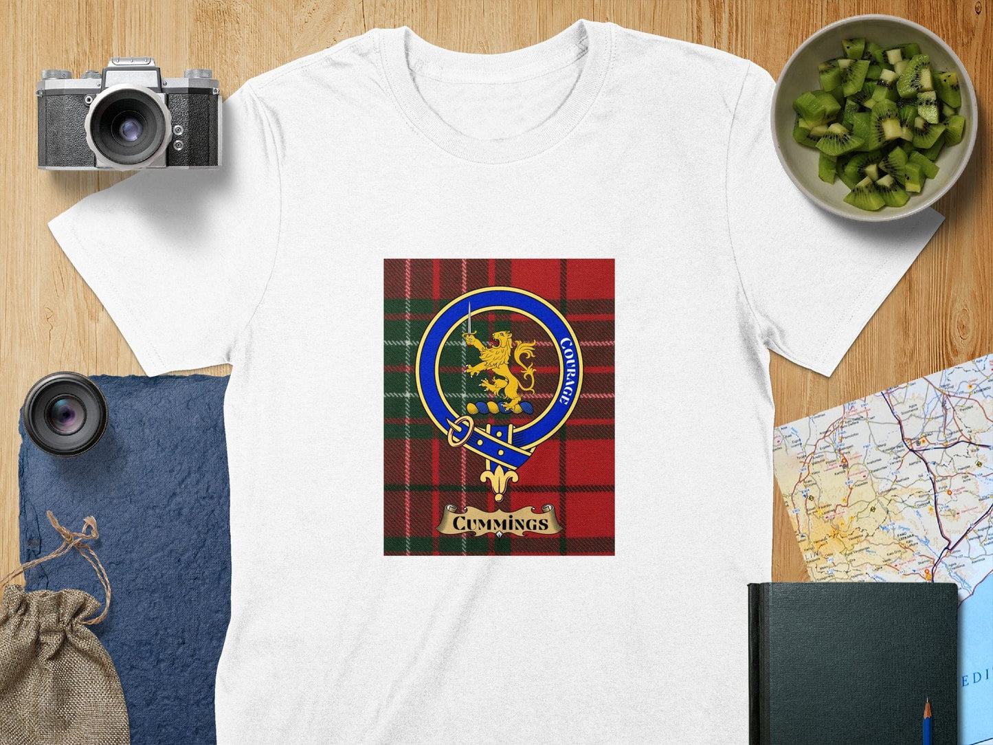 Physical Item S / White Cummings Clan Scottish Tartan Crest Courage T-Shirt