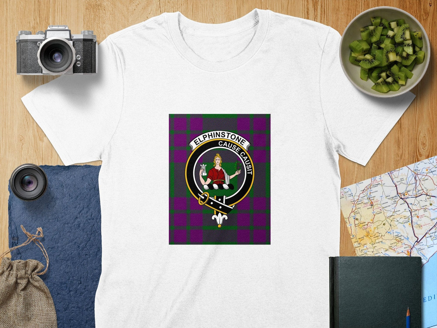 Physical Item S / White Elphinstone Clan Scottish Tartan Crest Unisex T-Shirt