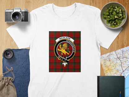 Physical Item S / White Nicolson Clan Scottish Tartan Crest Unisex T-Shirt