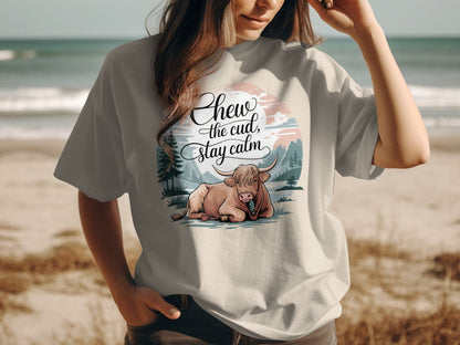 Physical Item Sand / S Chew the Cud Stay Calm Highland Cow Graphic T-Shirts