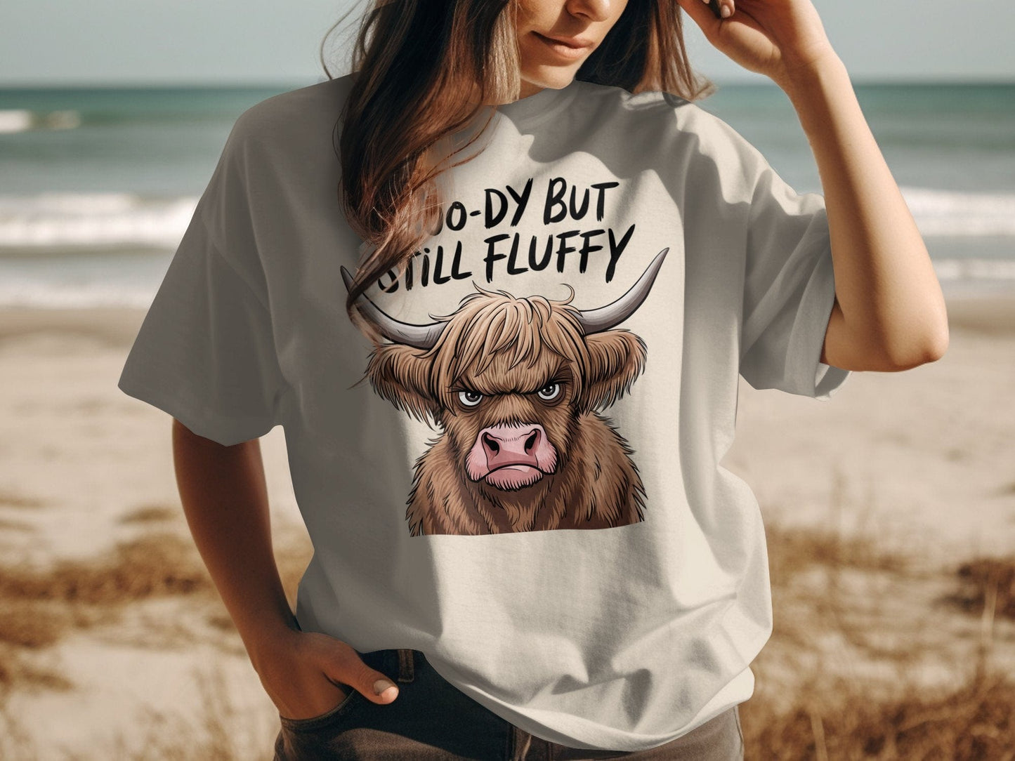 Physical Item Sand / S Highland Cow T-Shirts Moody But Still Fluffy T-Shirts