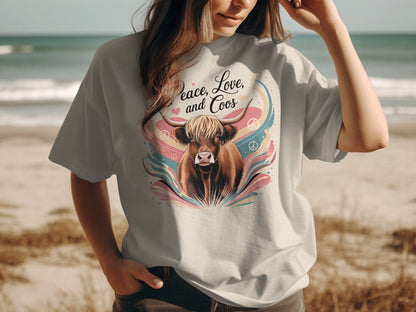 Physical Item Sand / S Peace Love and Coos Highland Cow T-Shirts