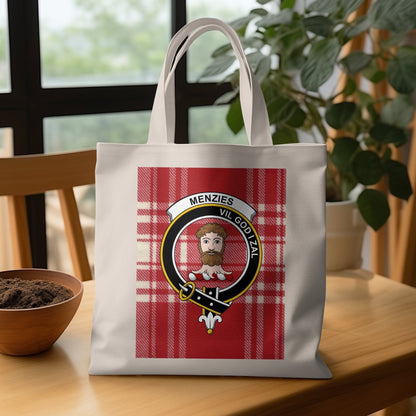 Physical Item Scottish Clan Crest Menzies with Red Tartan Tote Bag