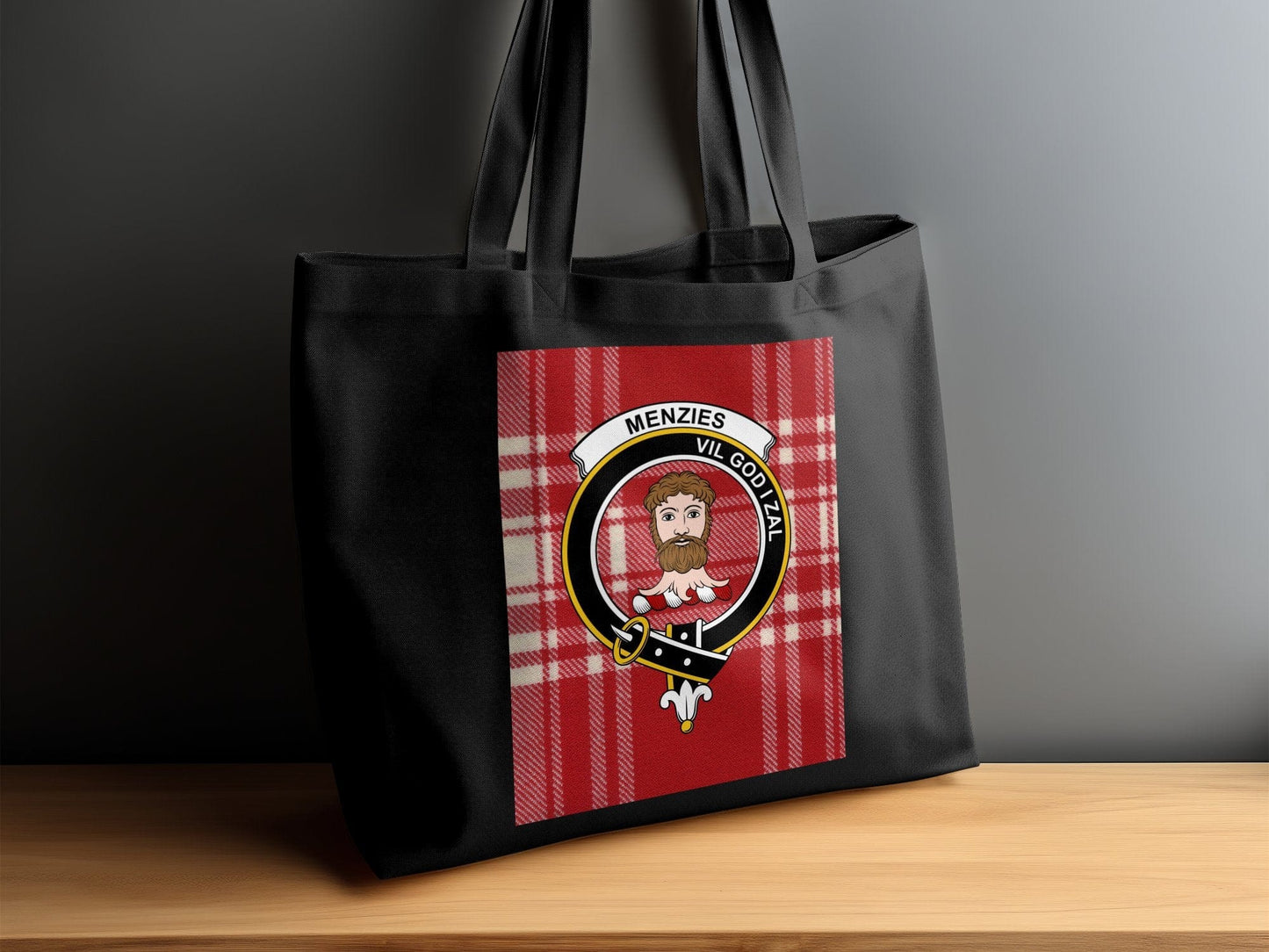 Physical Item Scottish Clan Crest Menzies with Red Tartan Tote Bag