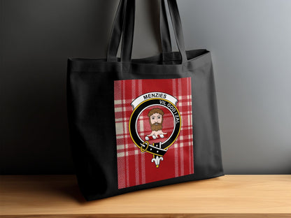 Physical Item Scottish Clan Crest Menzies with Red Tartan Tote Bag