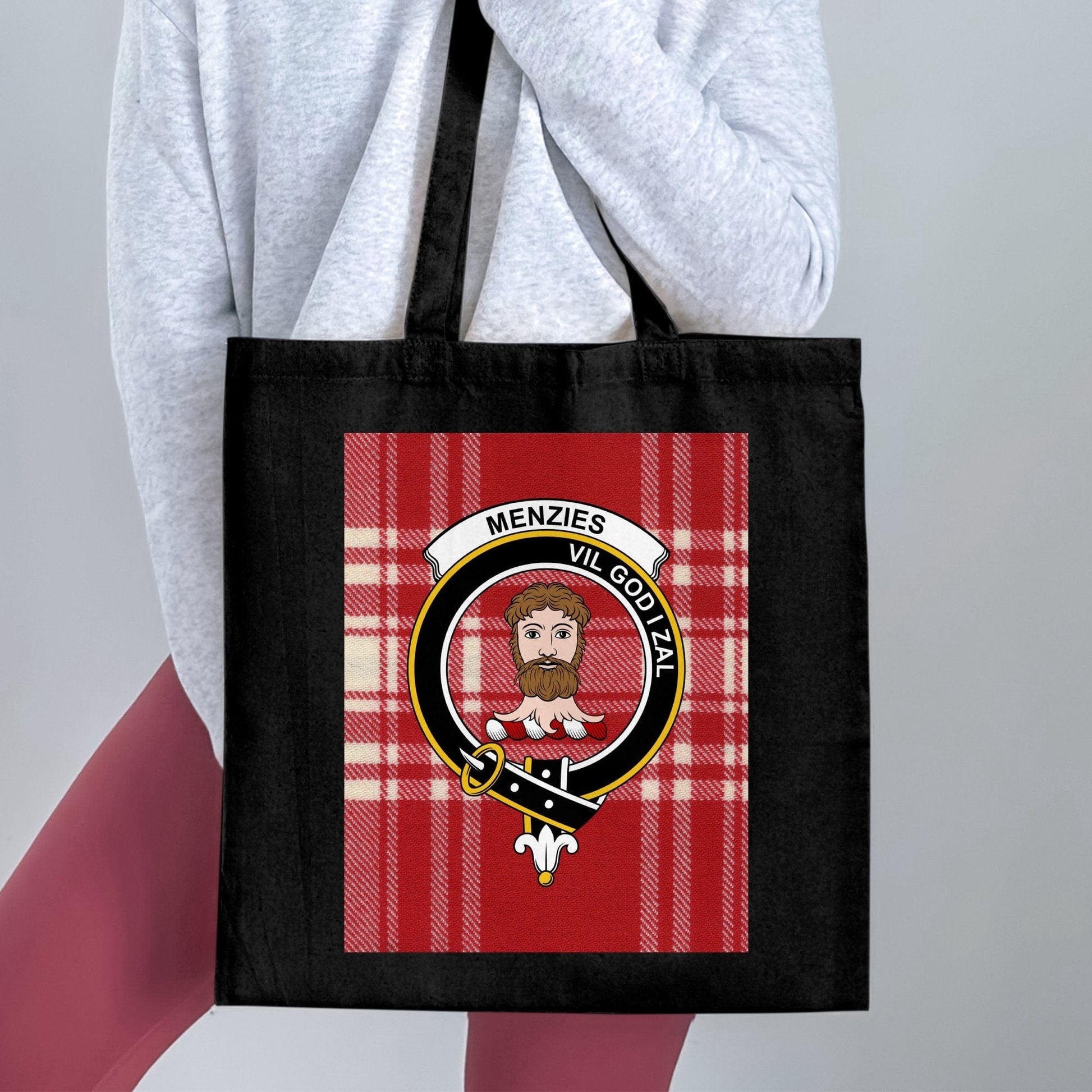 Physical Item Scottish Clan Crest Menzies with Red Tartan Tote Bag