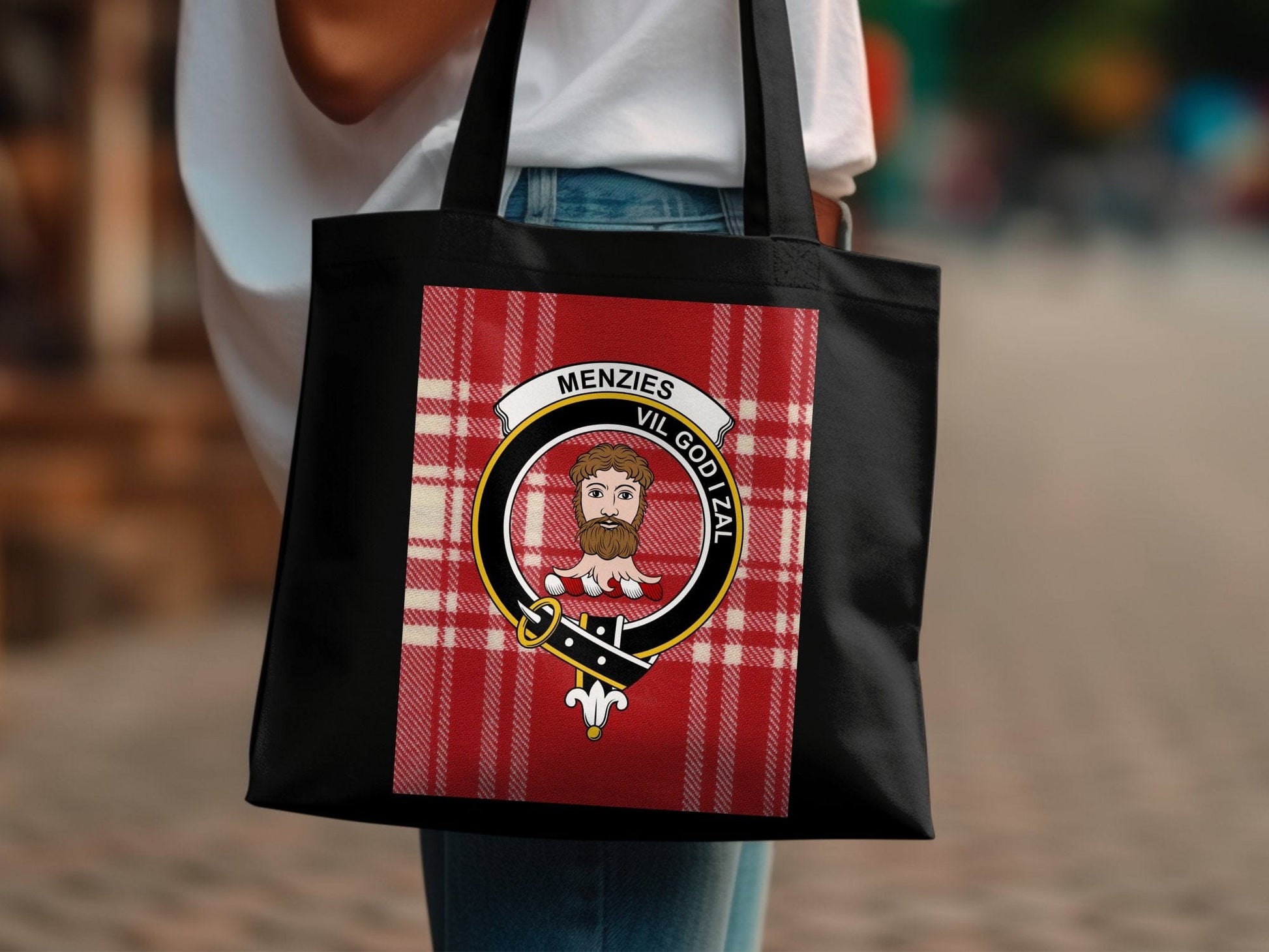 Physical Item Scottish Clan Crest Menzies with Red Tartan Tote Bag