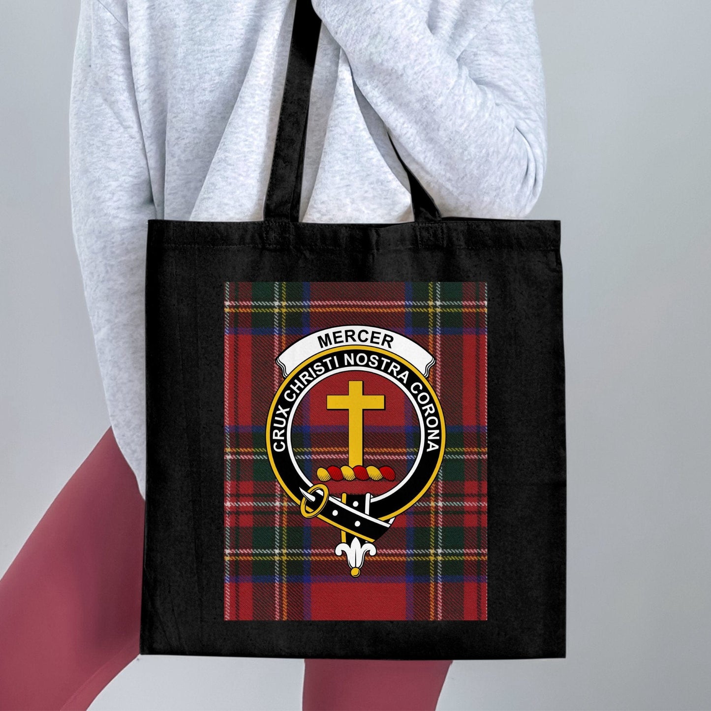 Physical Item Scottish Clan Crest on Tartan Background Mercer Tote Bag