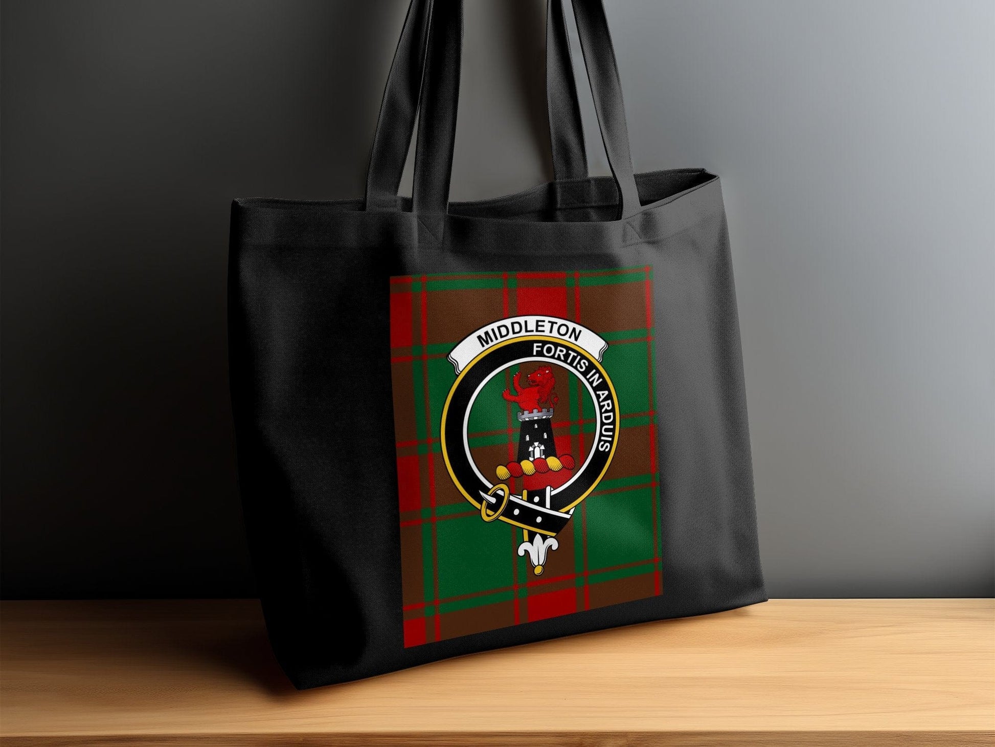 Physical Item Scottish Clan Crest on Tartan Background Tote Bag