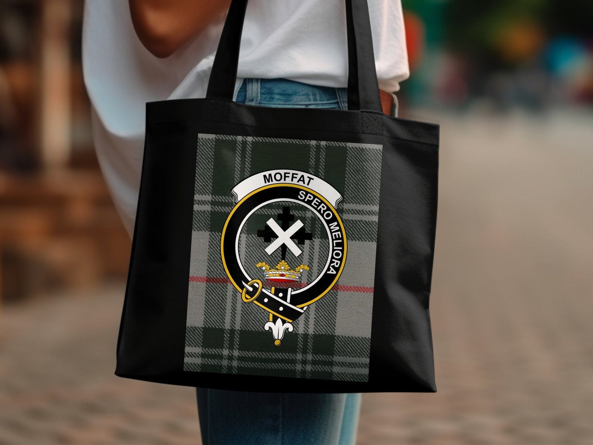 Physical Item Scottish Clan Crest on Tartan Background Tote Bag