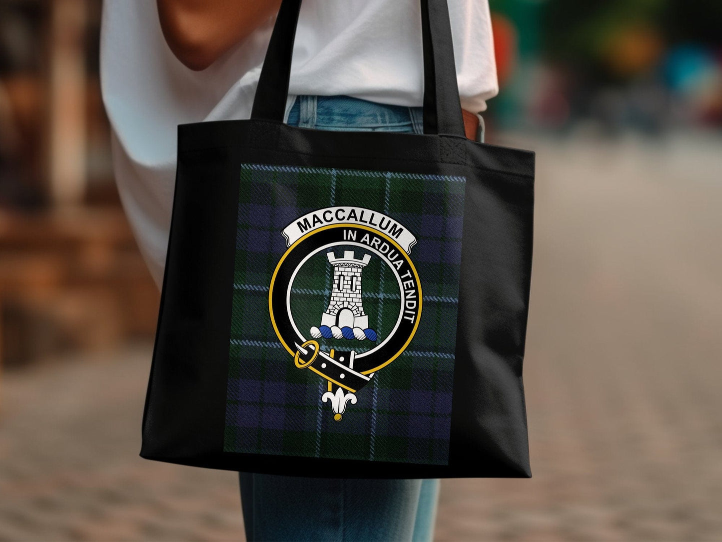 Physical Item Scottish Clan Crest on Tartan Background Tote Bag