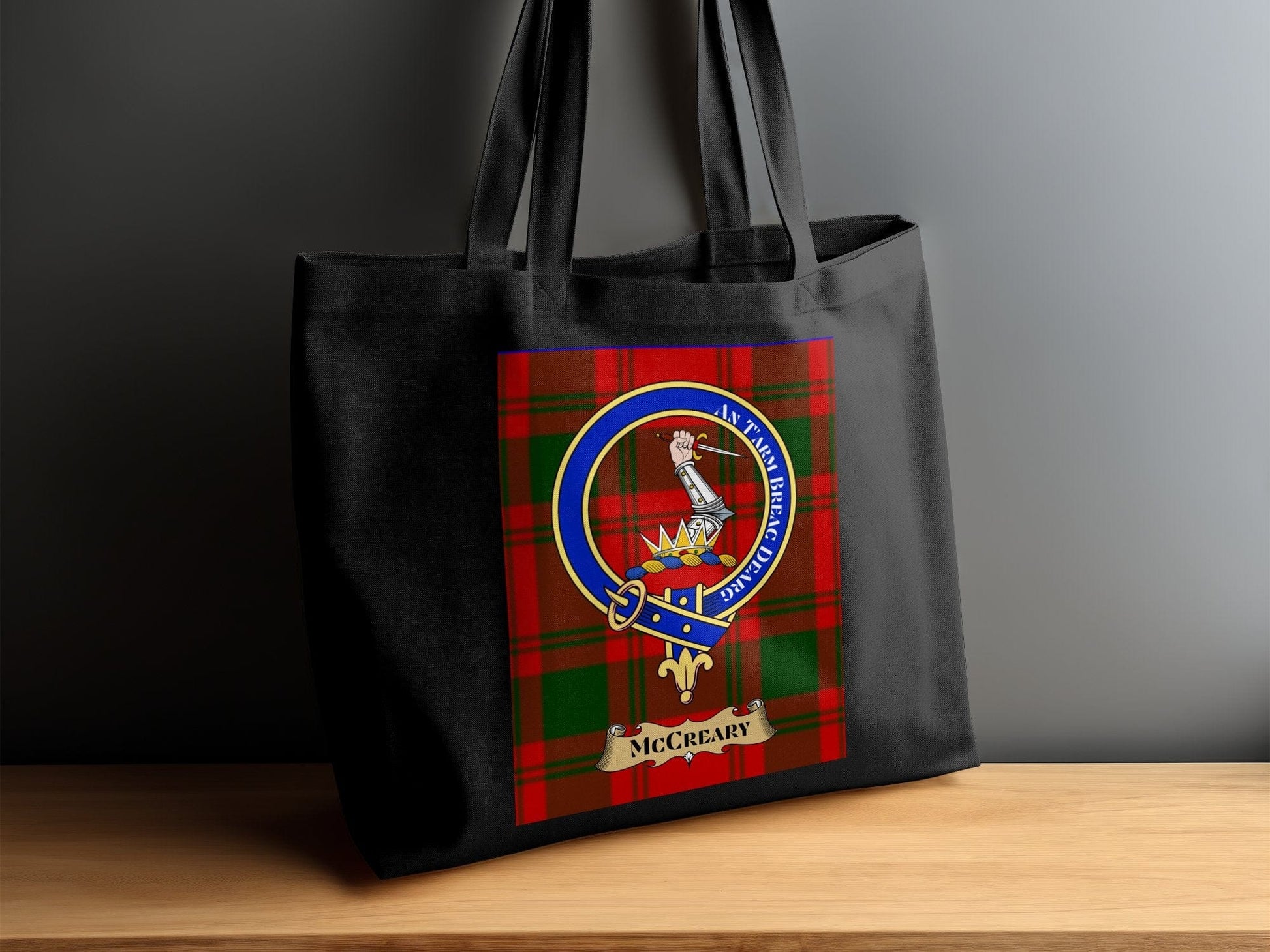 Physical Item Scottish Clan Crest on Tartan Background Tote Bag