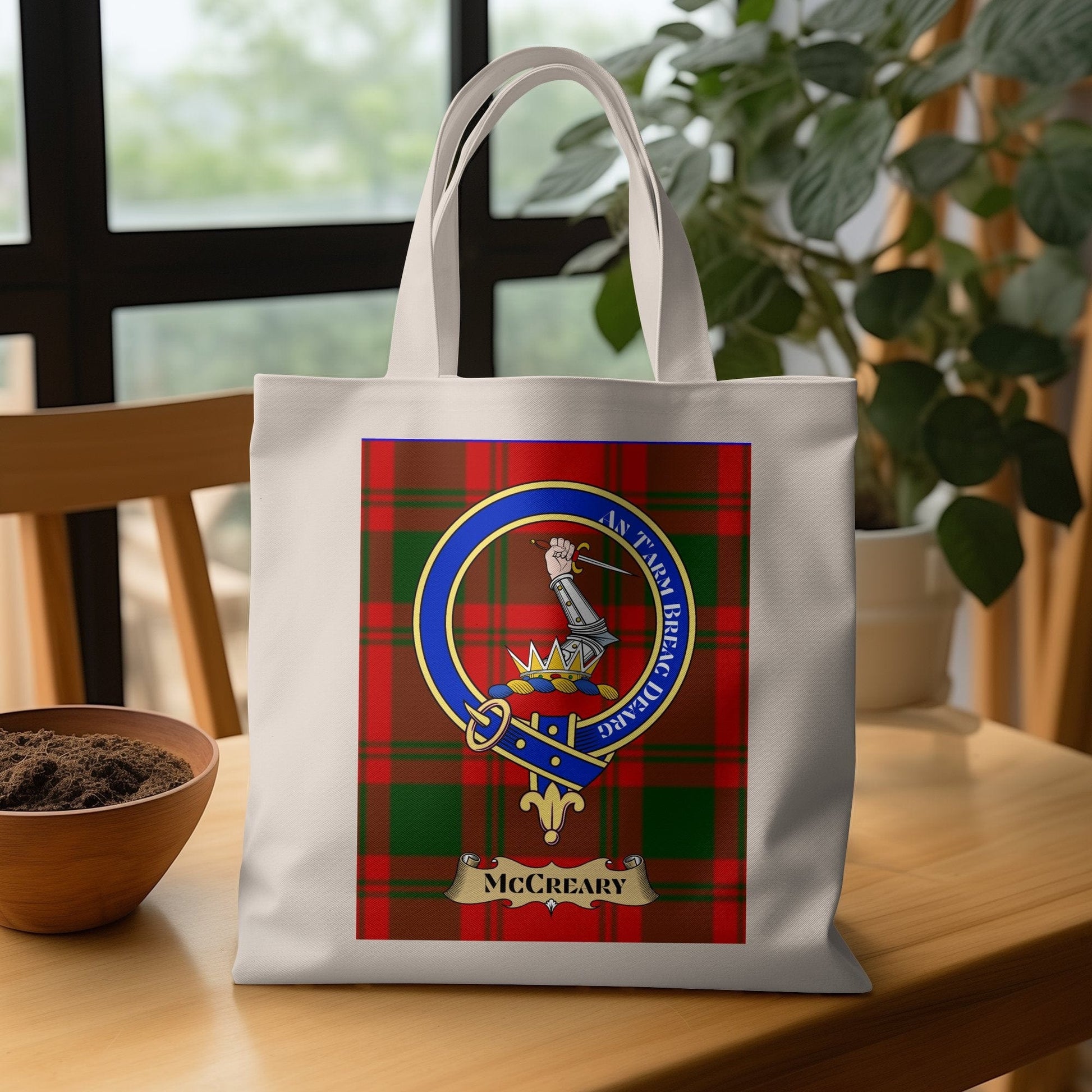 Physical Item Scottish Clan Crest on Tartan Background Tote Bag