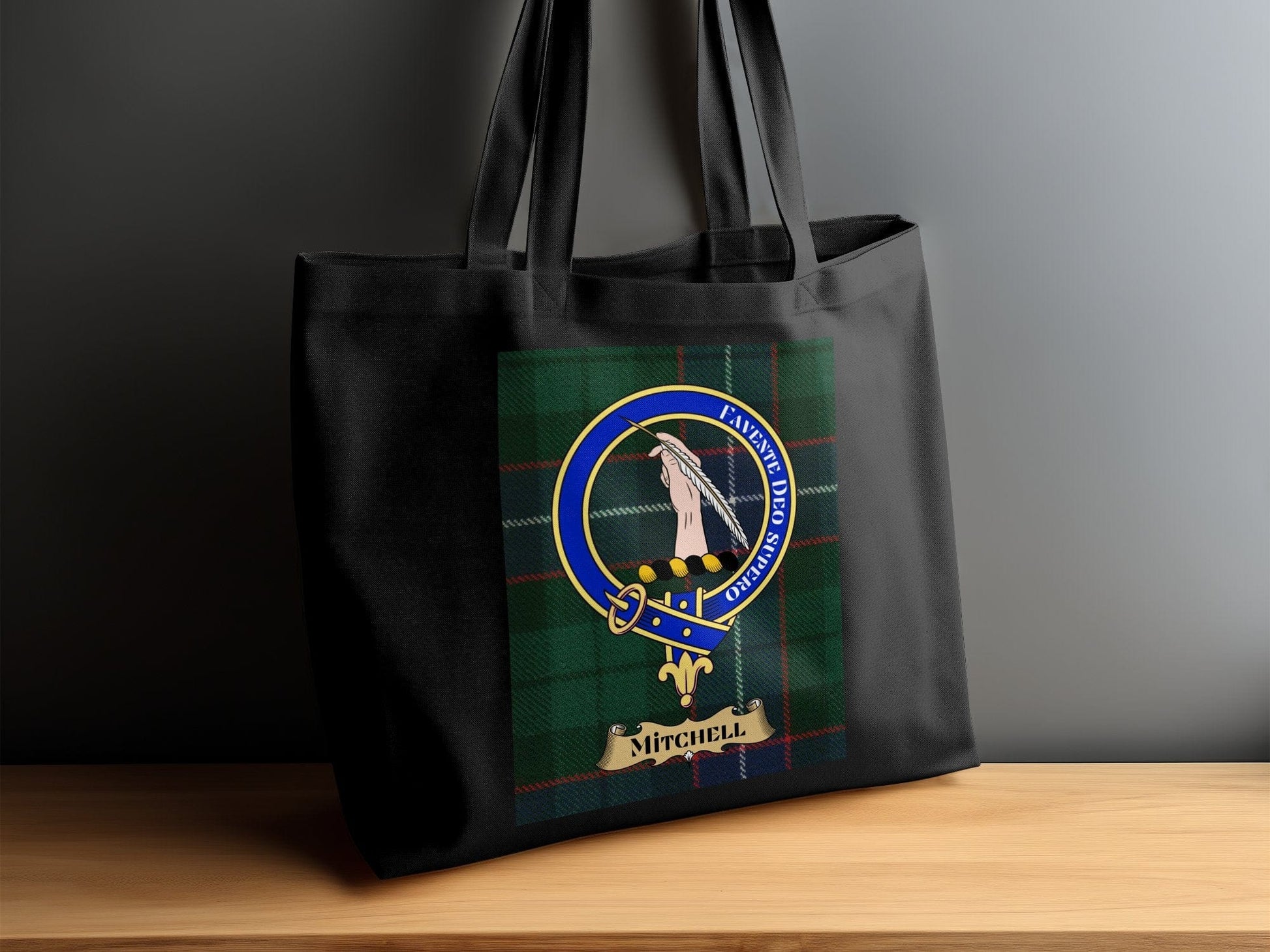 Physical Item Scottish clan crest on tartan background Tote Bag