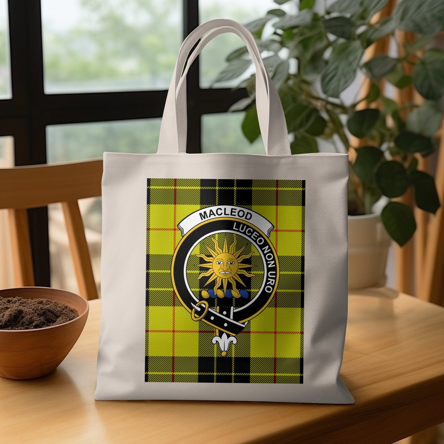 Physical Item Scottish Clan Crest on Tartan Background Tote Bag