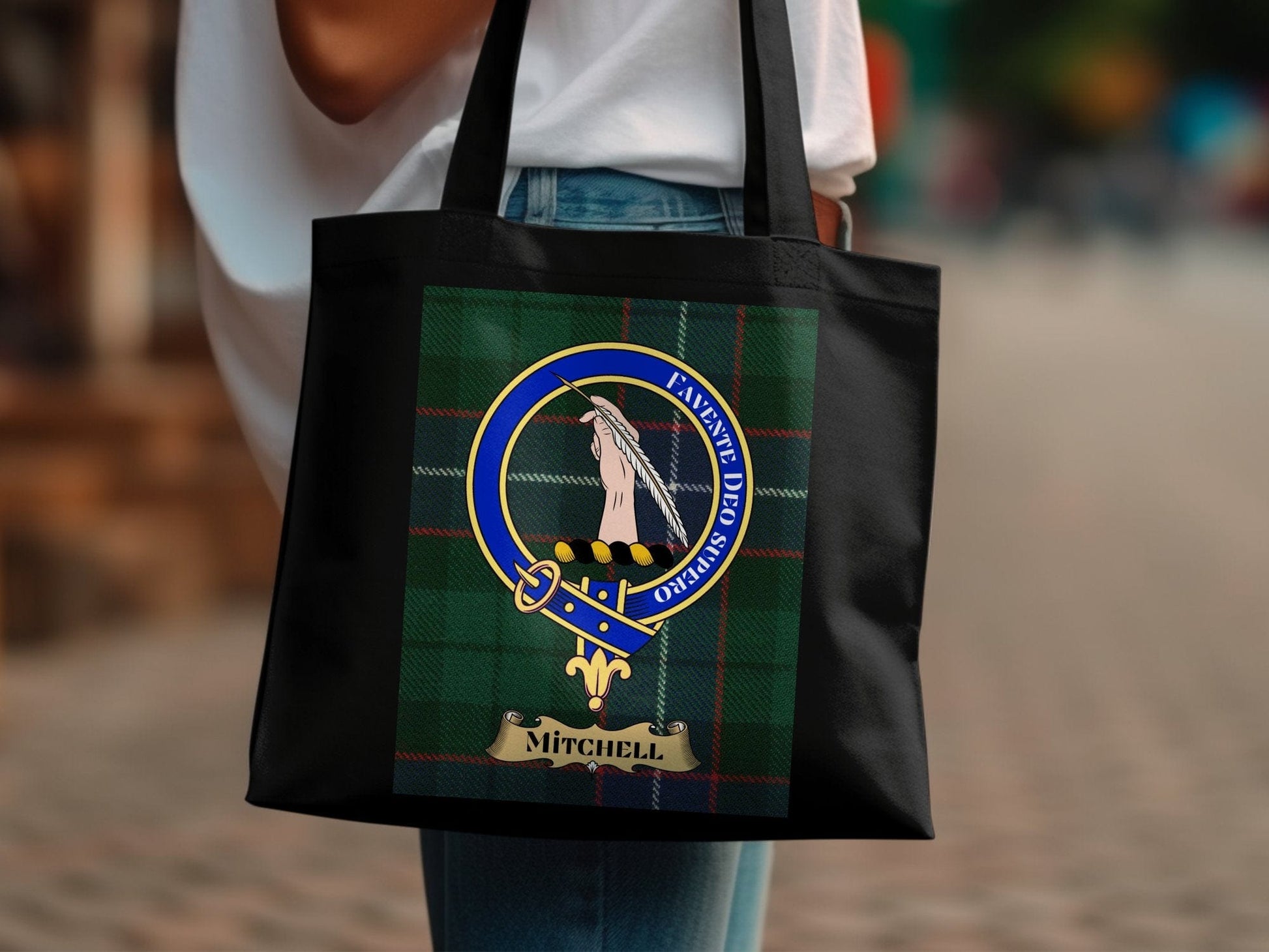 Physical Item Scottish clan crest on tartan background Tote Bag