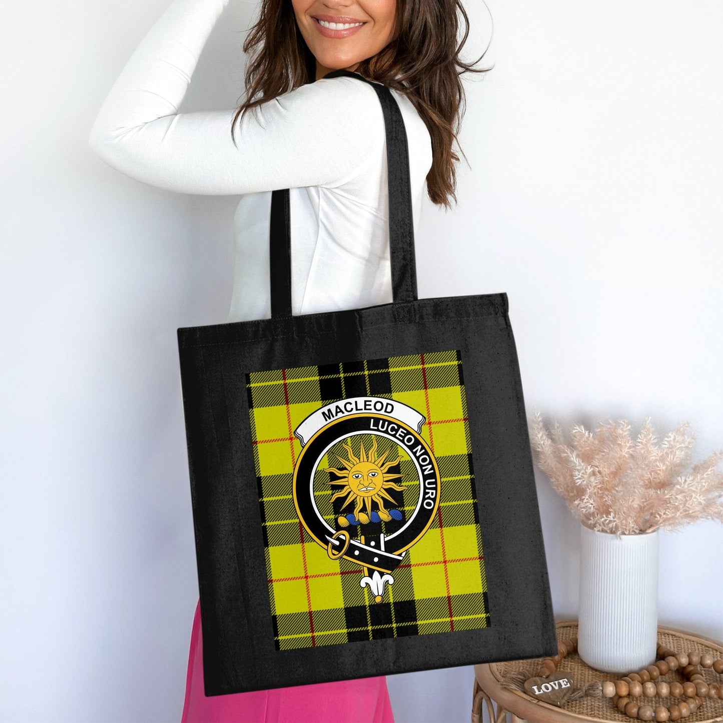 Physical Item Scottish Clan Crest on Tartan Background Tote Bag