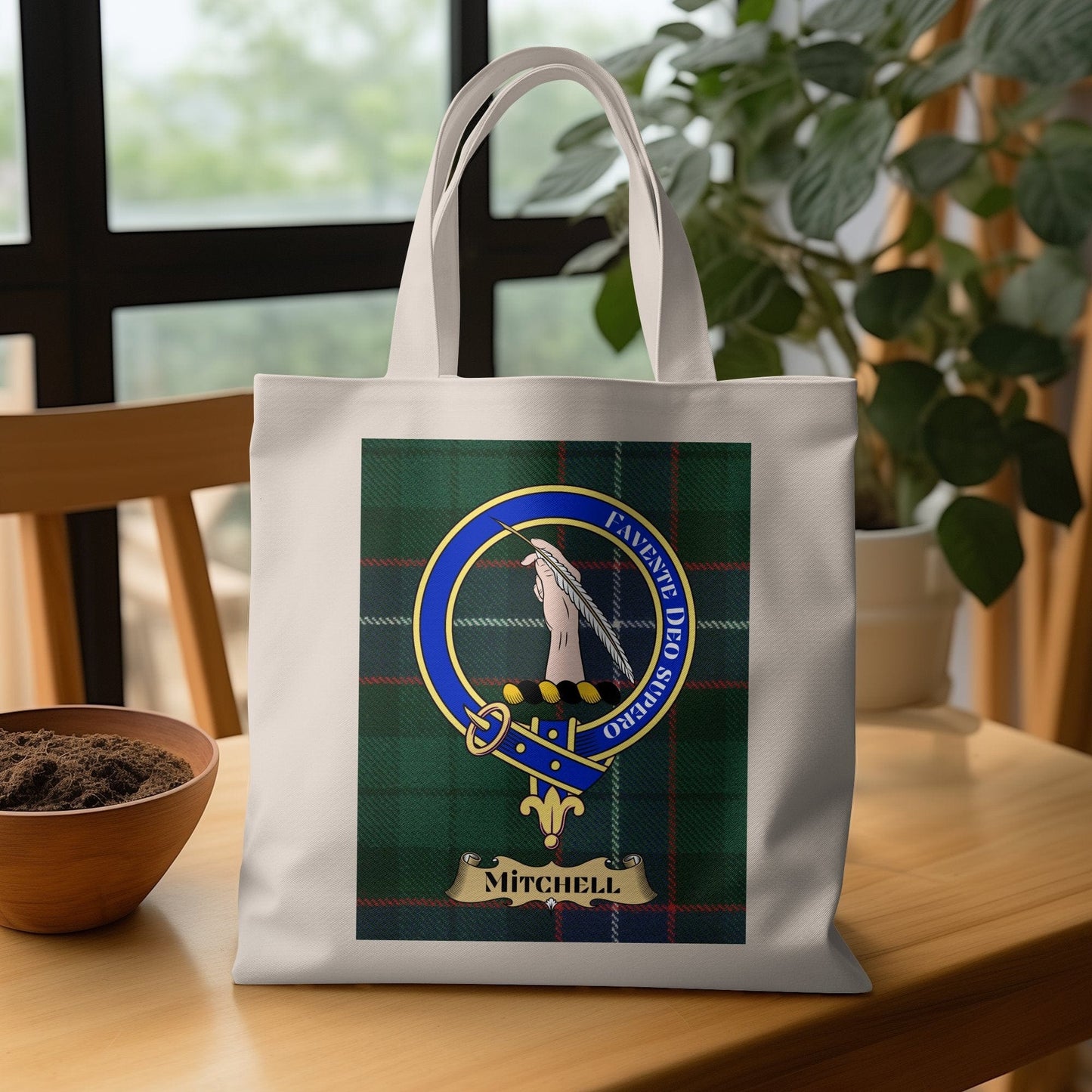 Physical Item Scottish clan crest on tartan background Tote Bag