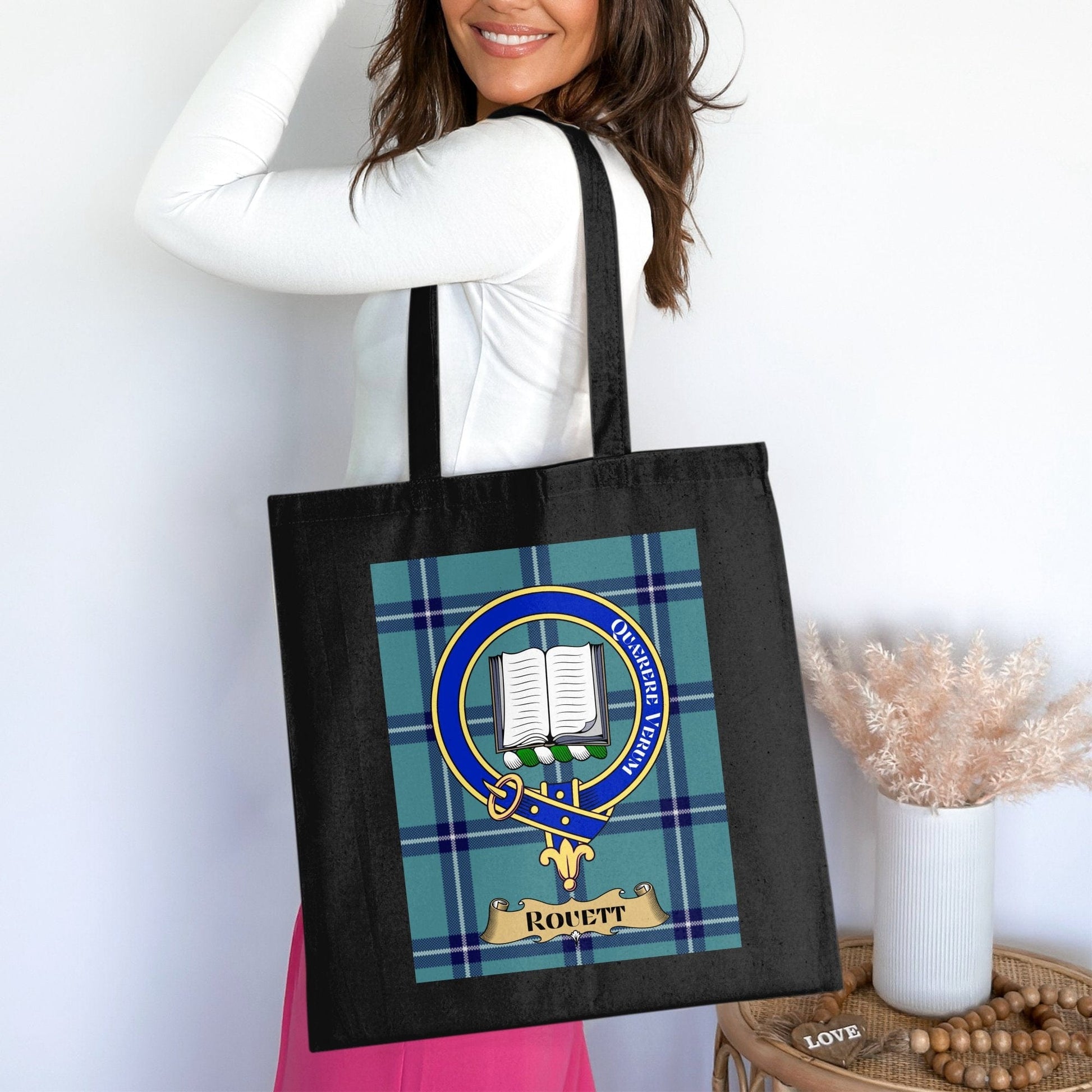 Physical Item Scottish Clan Crest on Tartan Background Tote Bag