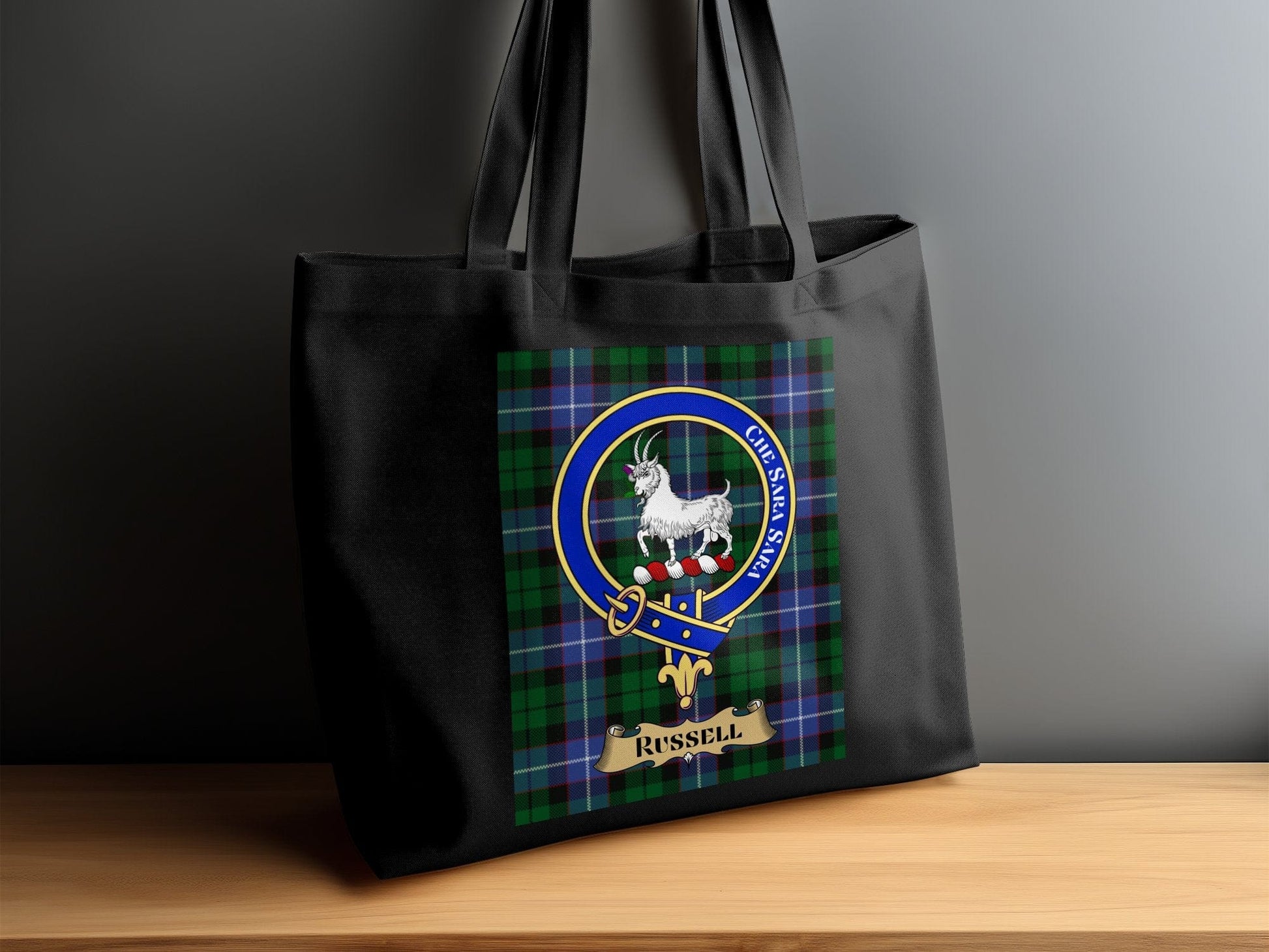 Physical Item Scottish clan crest on tartan background Tote Bag