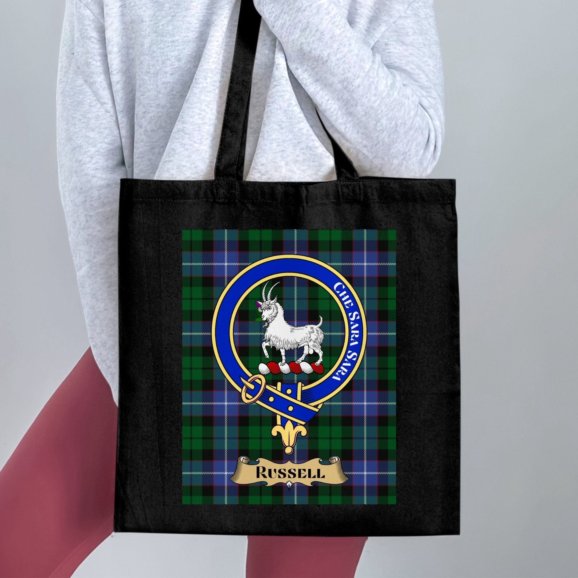 Physical Item Scottish clan crest on tartan background Tote Bag