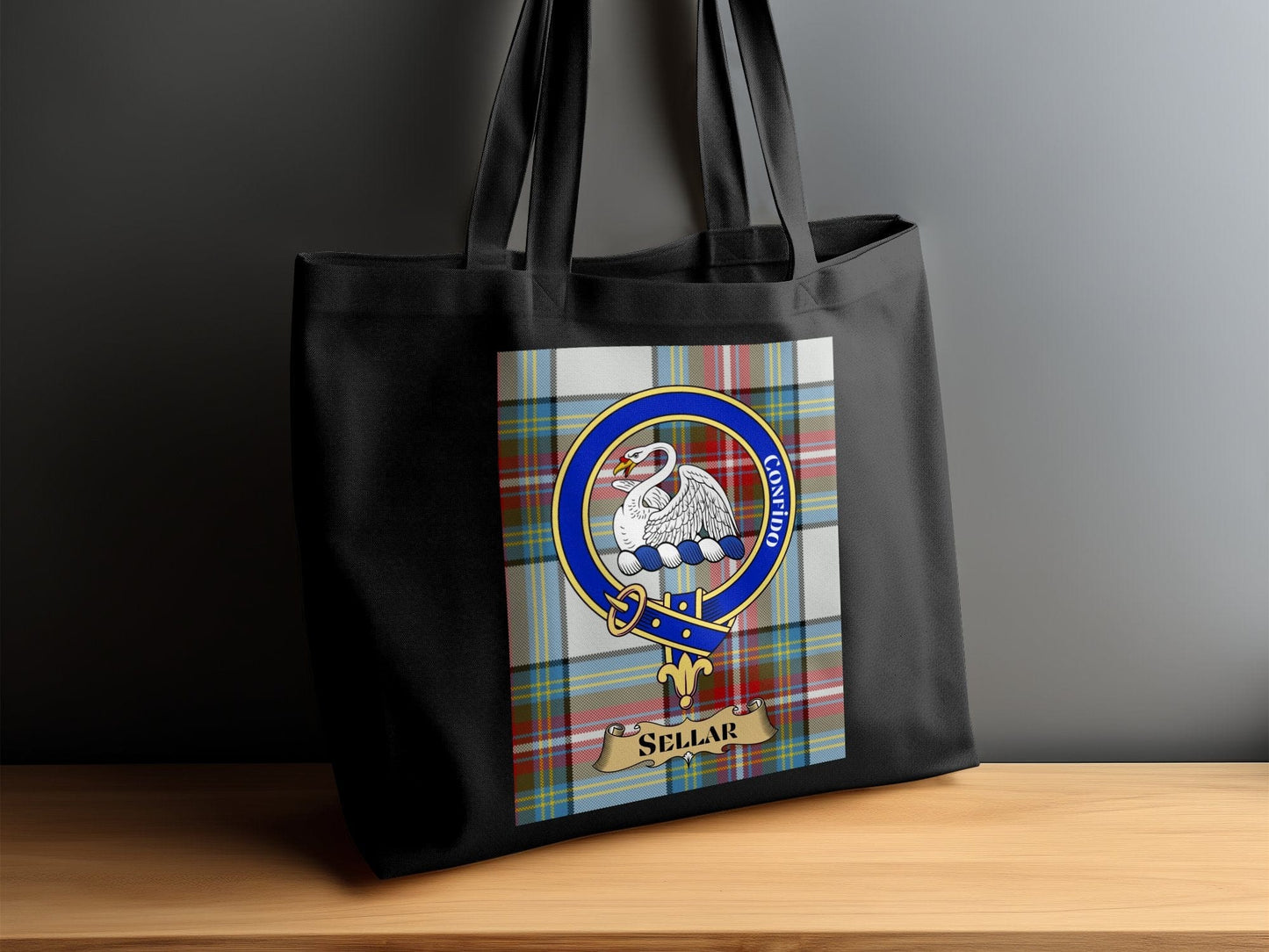 Physical Item Scottish Clan Crest on Tartan Background Tote Bag