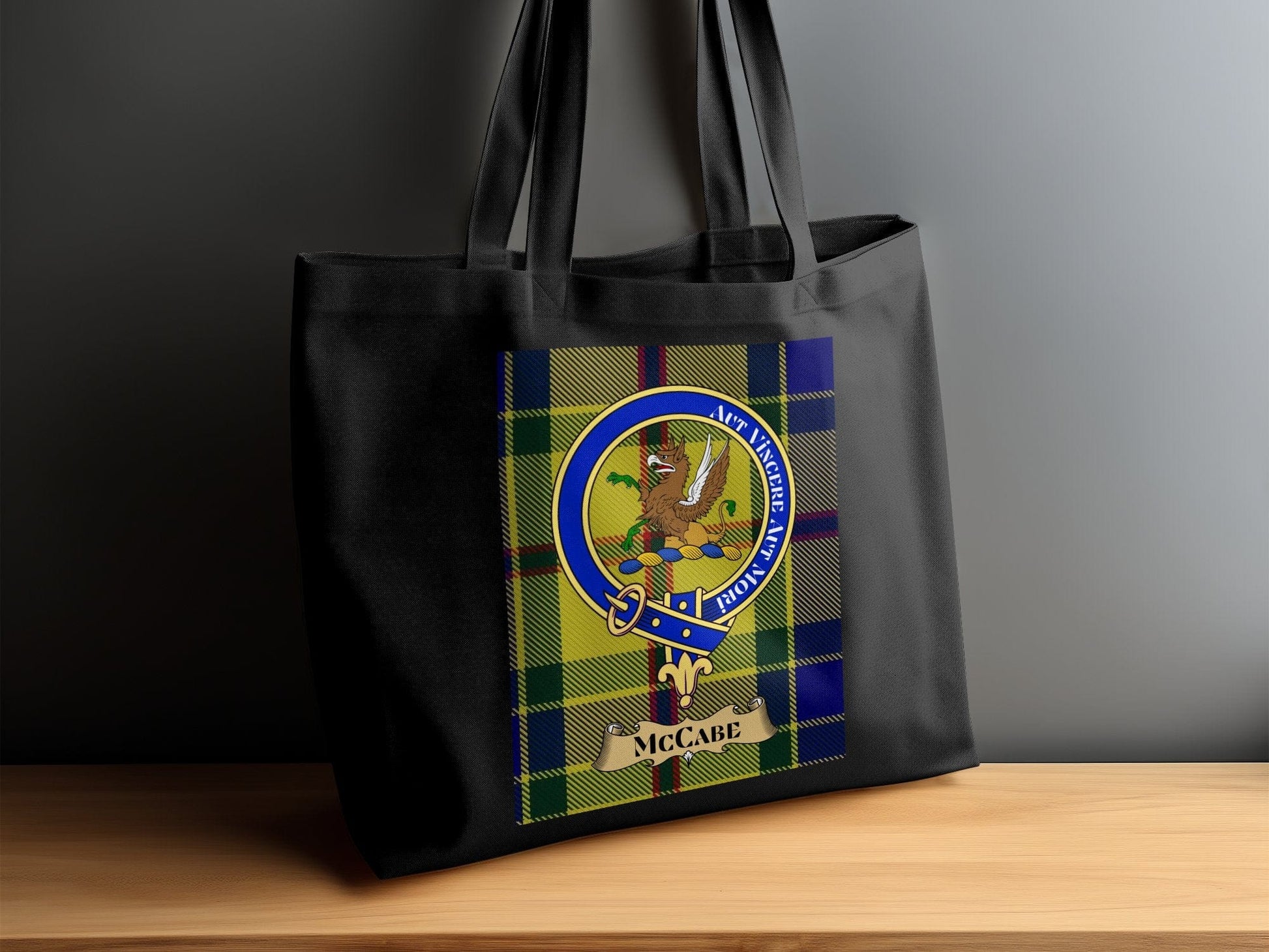 Physical Item Scottish Clan Crest on Tartan Background Tote Bag