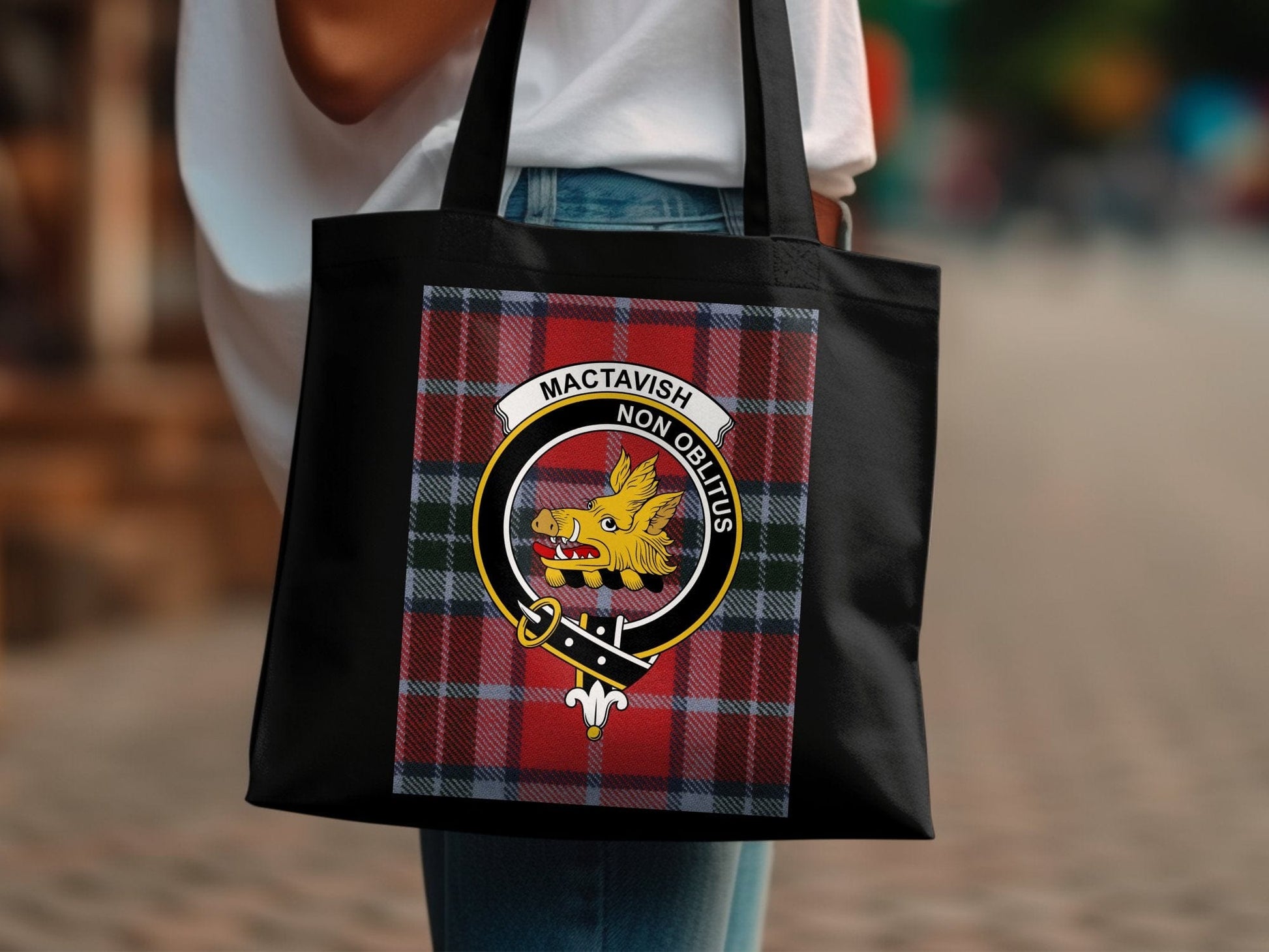 Physical Item Scottish Clan Crest on Tartan Pattern Tote Bag