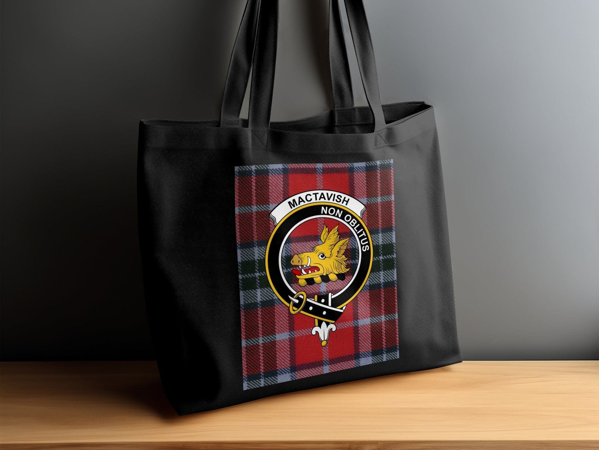 Physical Item Scottish Clan Crest on Tartan Pattern Tote Bag