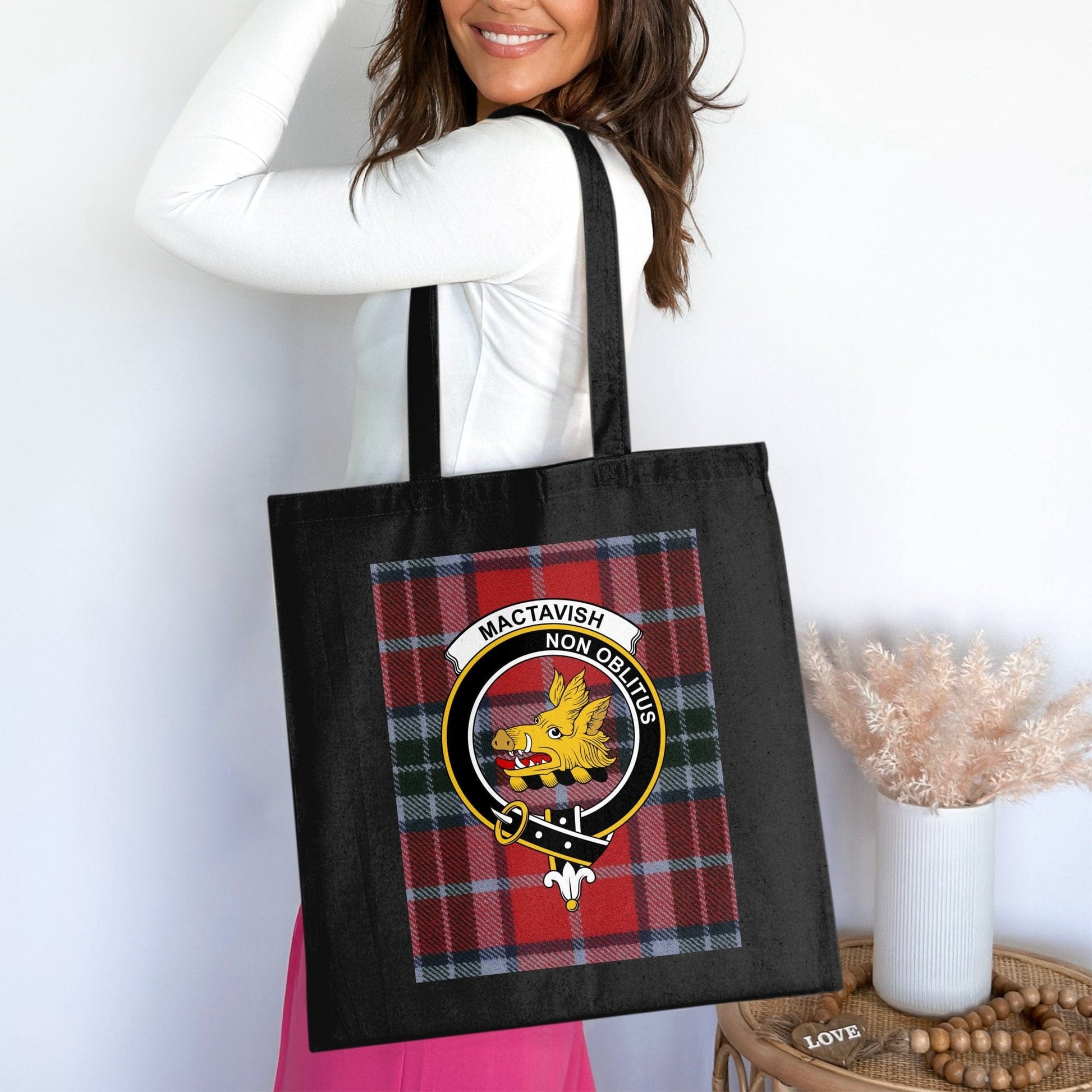 Physical Item Scottish Clan Crest on Tartan Pattern Tote Bag