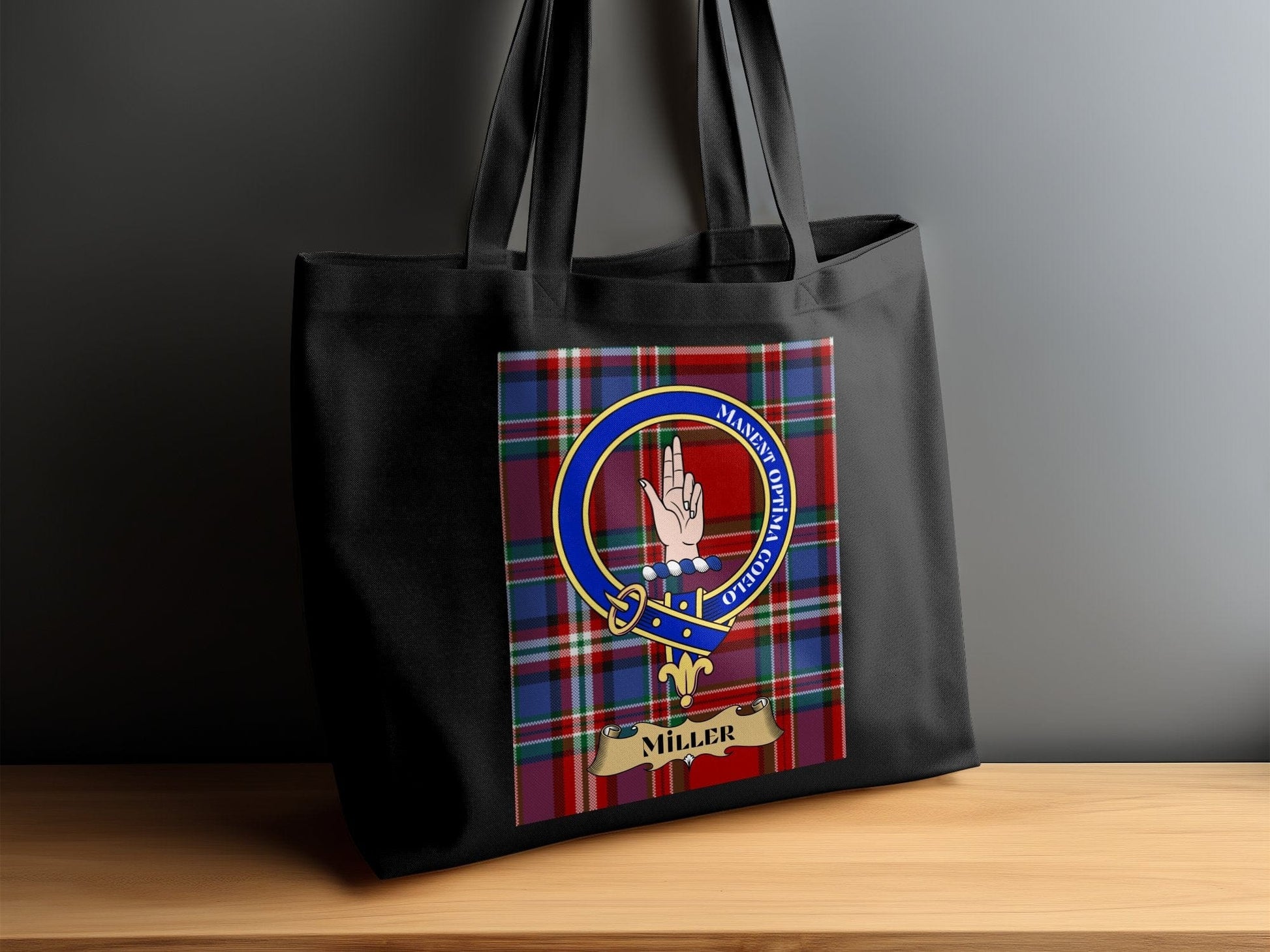 Physical Item Scottish Clan Crest with Colorful Tartan Pattern Tote Bag