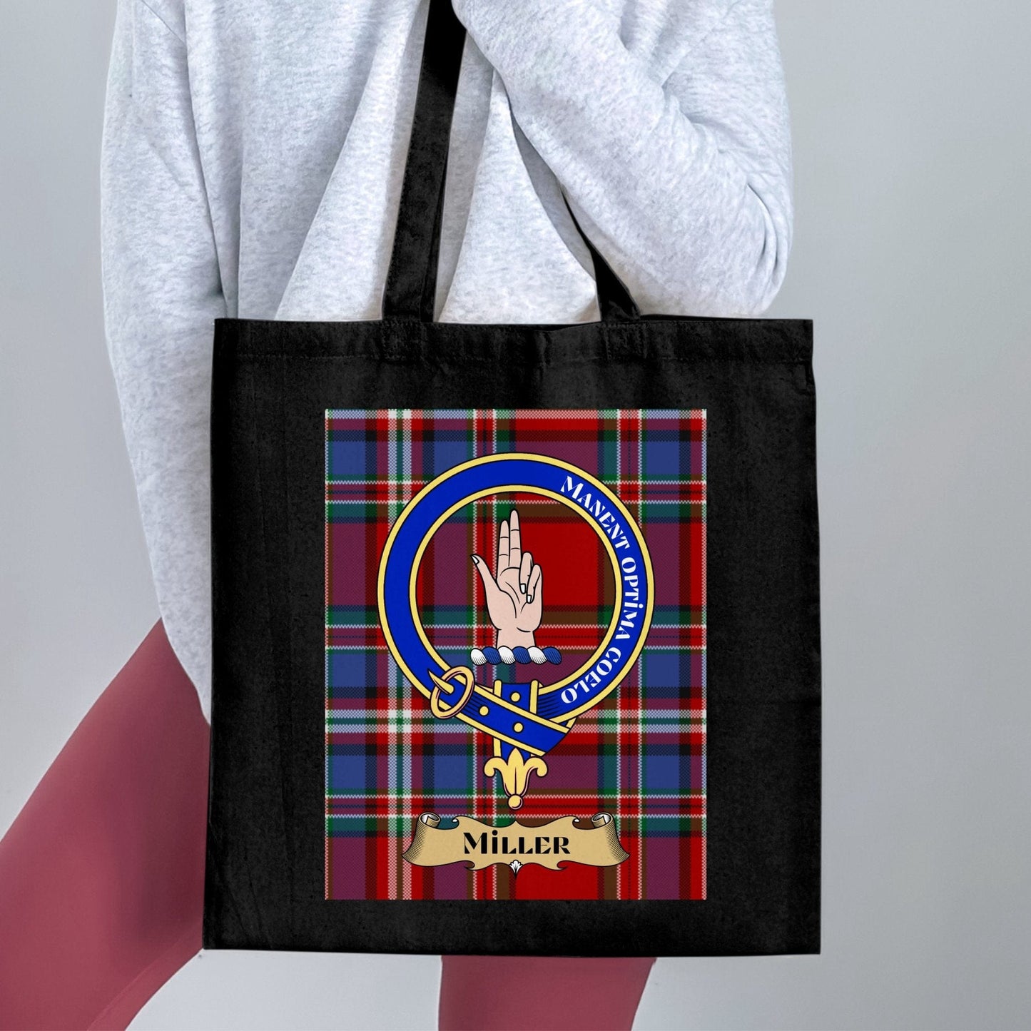 Physical Item Scottish Clan Crest with Colorful Tartan Pattern Tote Bag