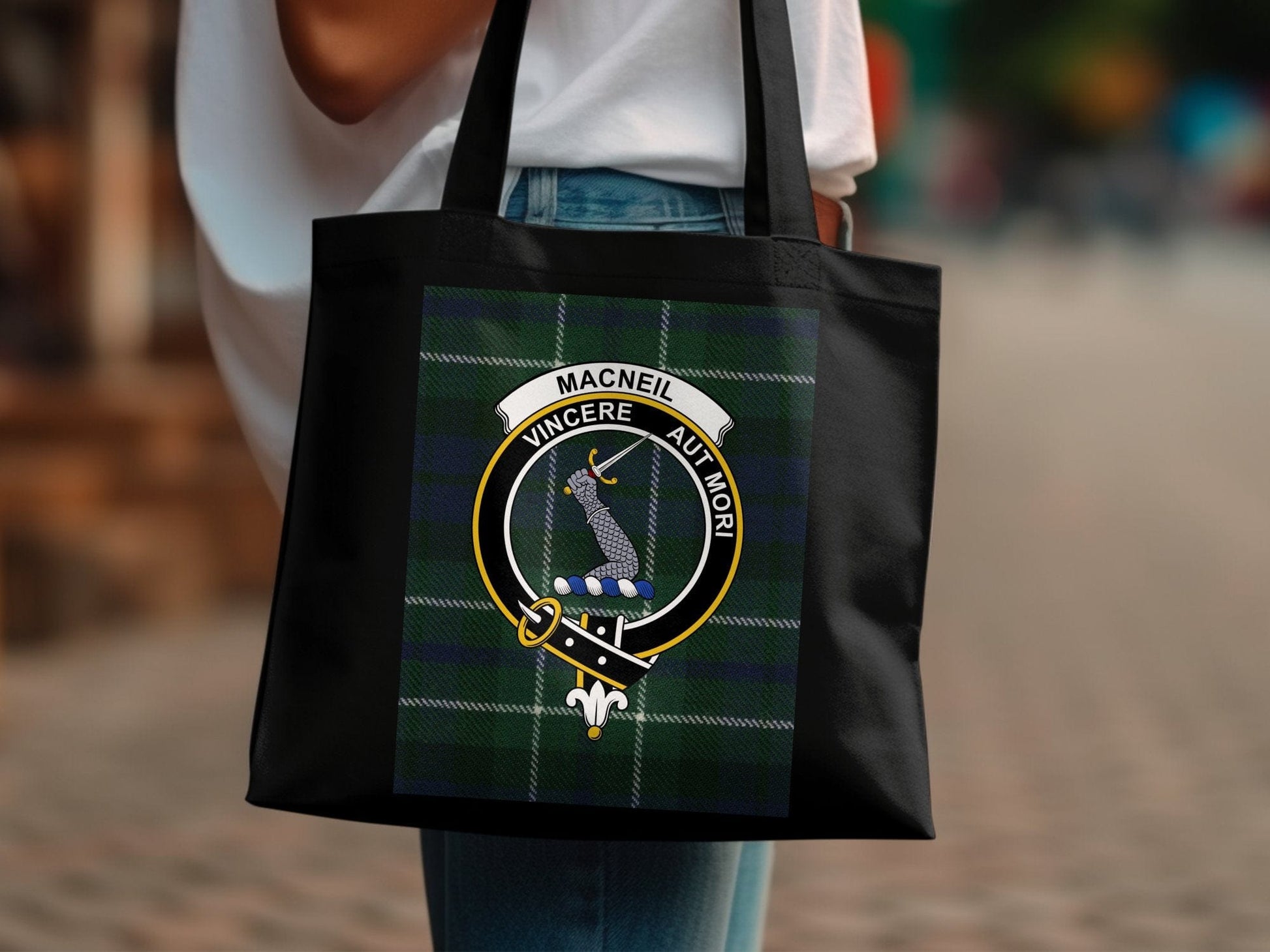 Physical Item Scottish Clan MacNeil Crest On Tartan Background Tote Bag