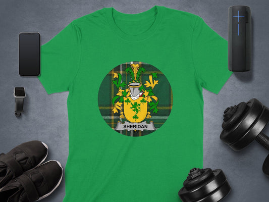 Physical Item Sheridan Irish Surname Coat of Arms on Tartan Background T-Shirt