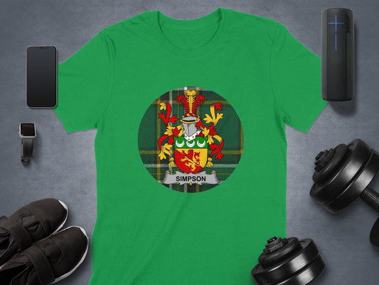 Physical Item Simpson Coat of Arms Irish Tartan Background T-Shirt