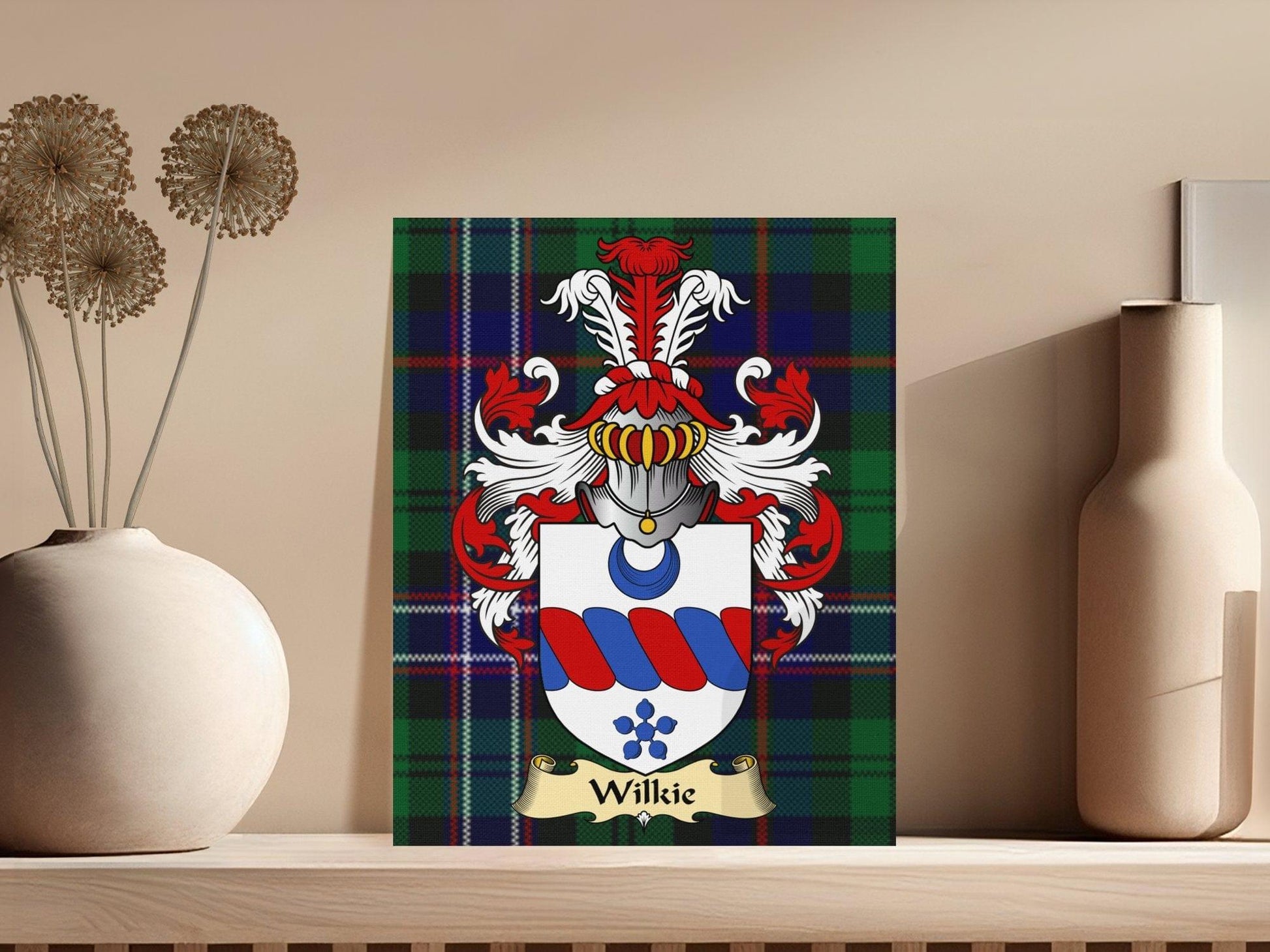Physical Item Small 8" x 10" Wilkie Clan Coat of Arms Tartan Canvas Wrap