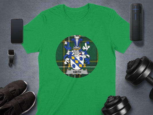 Physical Item Smith Irish Surname Coat of Arms on Tartan Background T-Shirt