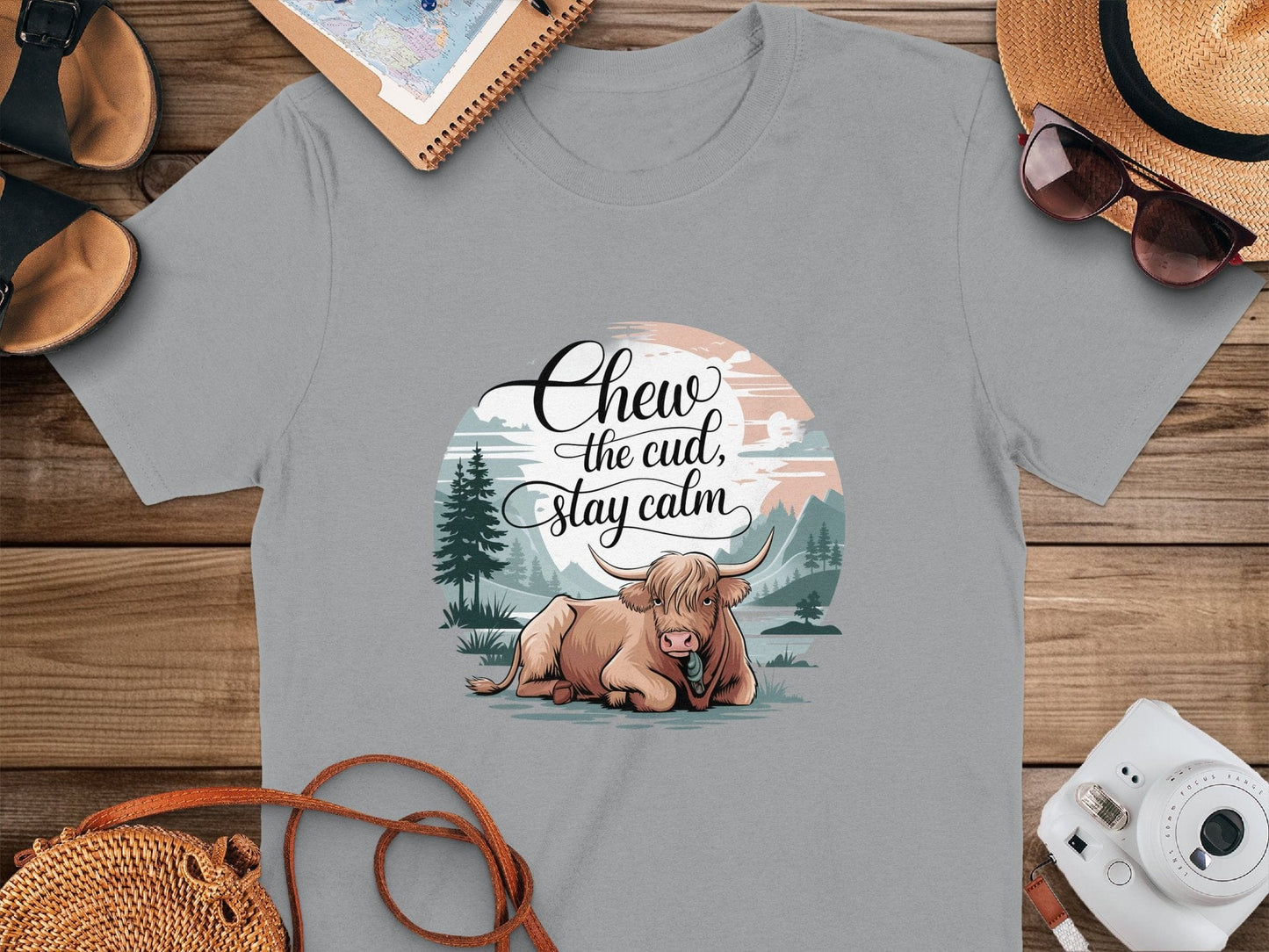 Physical Item Sport Grey / S Chew the Cud Stay Calm Highland Cow Graphic T-Shirts