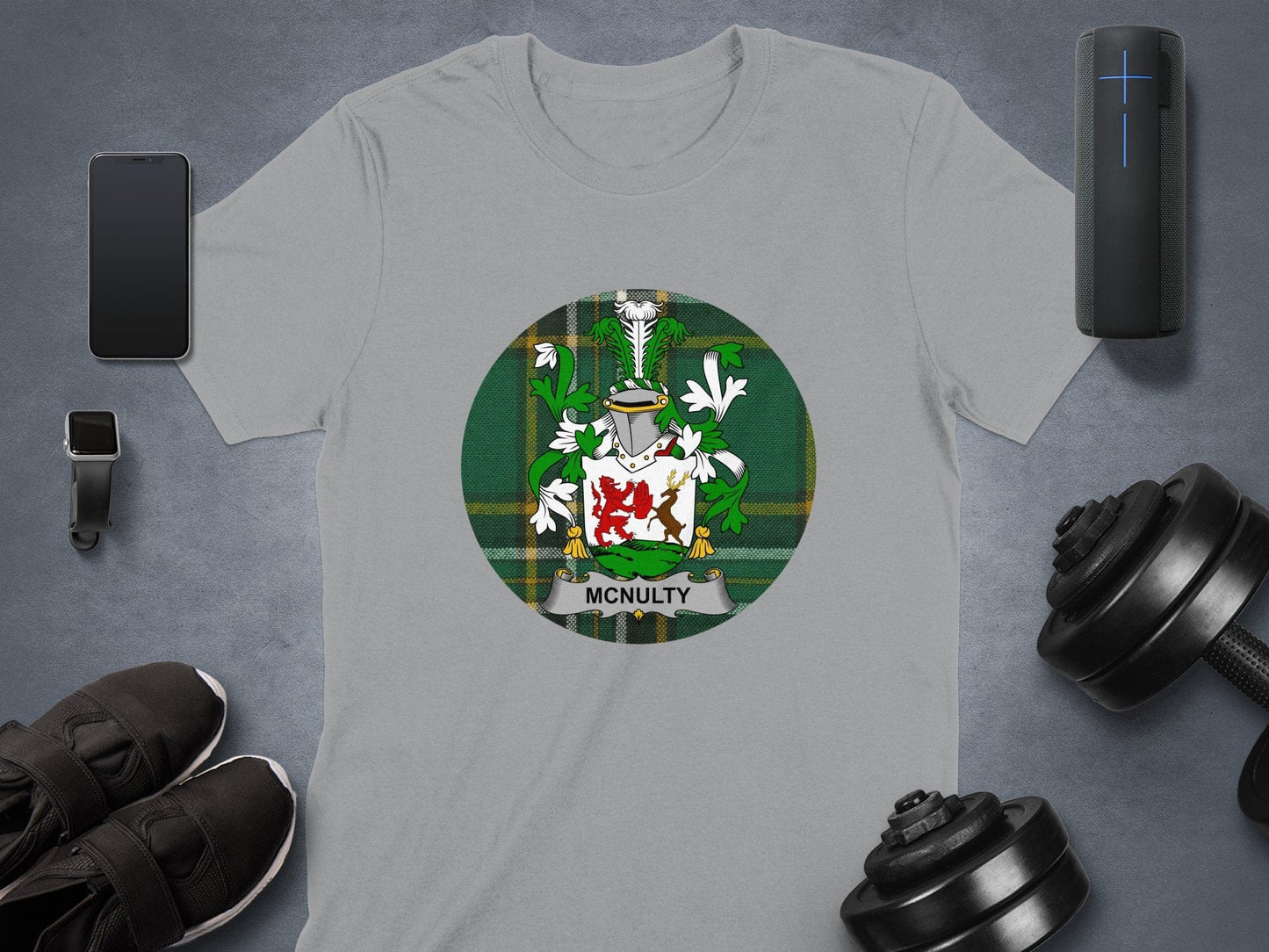 Physical Item Sport Grey / S McNulty Coat of Arms on Irish National Tartan Background T-Shirt