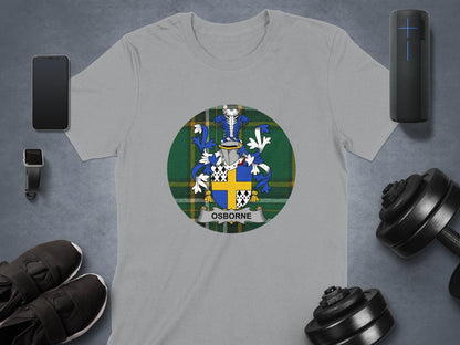 Physical Item Sport Grey / S Osborne Irish Surname Coat of Arms on Tartan Background T-Shirt