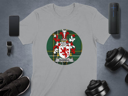 Physical Item Sport Grey / S Russell Irish Surname Coat of Arms Tartan Background T-Shirt