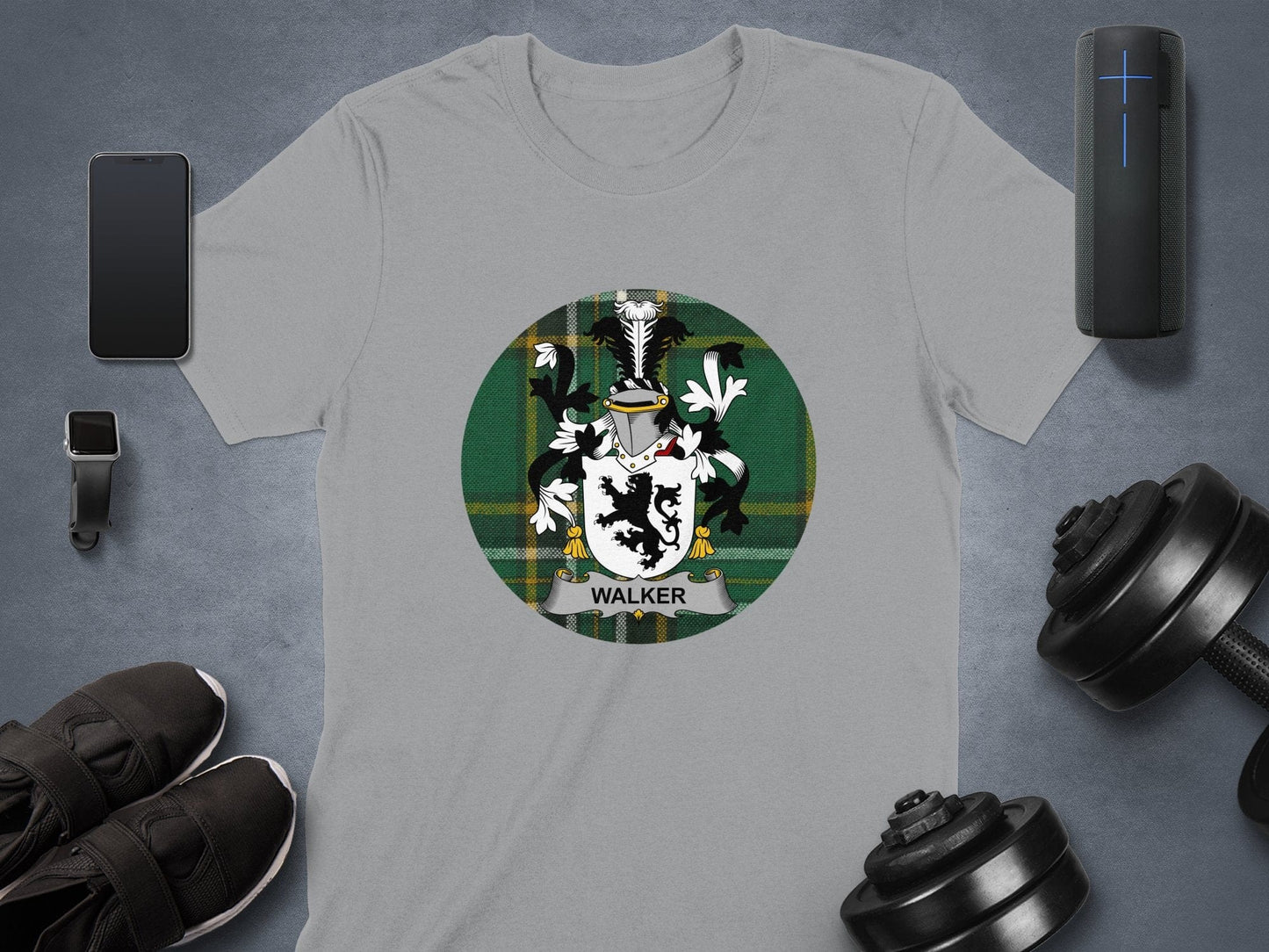 Physical Item Sport Grey / S Walker Irish surname coat of arms Tartan background T-Shirt