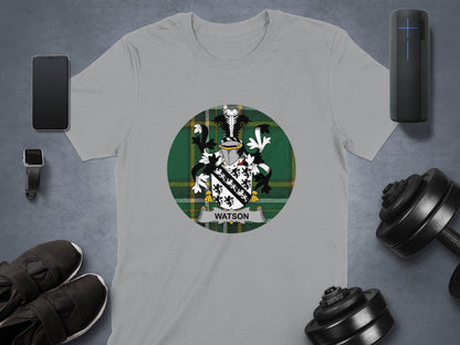 Physical Item Sport Grey / S Watson Family Crest Shield on Irish National Tartan T-Shirt