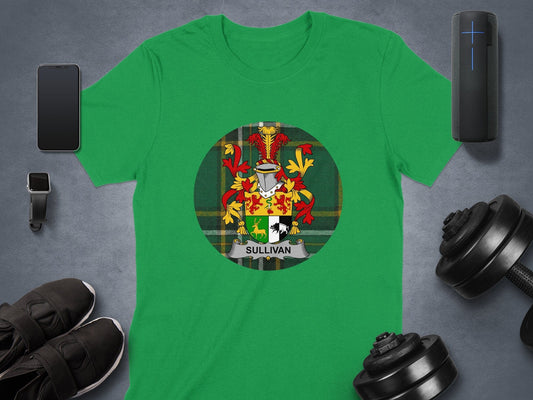 Physical Item Sullivan Coat of Arms on Irish Tartan Background T-Shirt