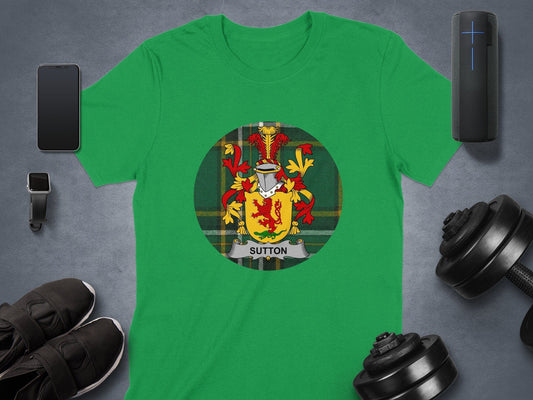 Physical Item Sutton Irish Surname Coat of Arms Tartan Background T-Shirt