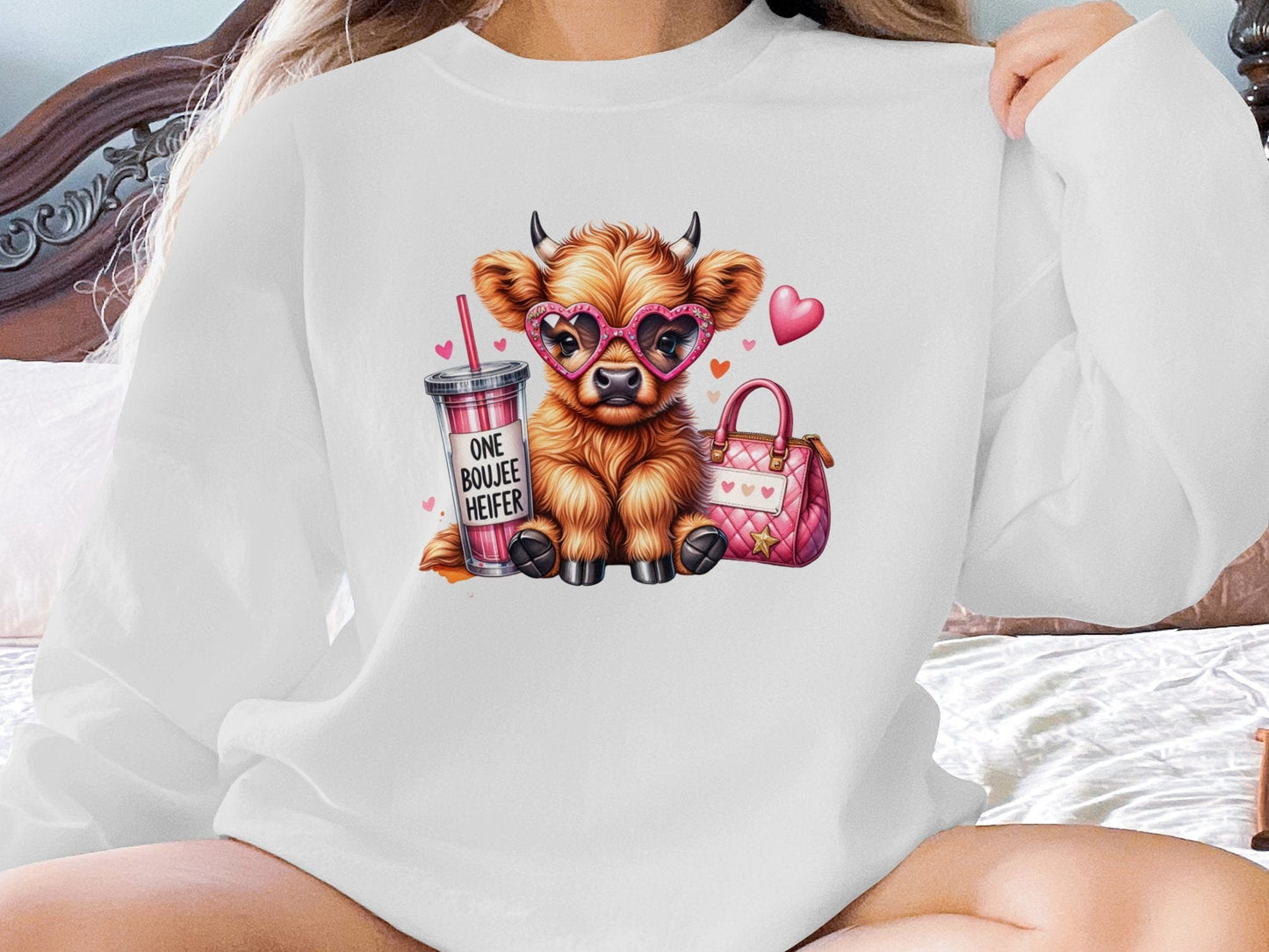 Physical Item Sweatshirts / S / Ash Cute Highland Cow T-Shirt One Boujee Heifer Highland Cow Sweatshirt Cute Cow Pullover Gift Idea