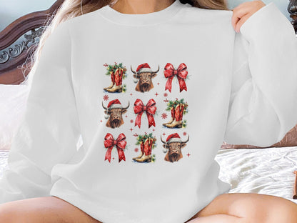 Physical Item Sweatshirts / S / Ash Highland Cow Christmas Tshirt, Santa Hat Sweatshirt, Holiday Western Shirt