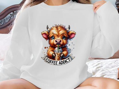 Physical Item Sweatshirts / S / Ash Highland Cow Coffee Addict T Shirt Cute Cow Drinking Coffee Shirt Café Lover Gift