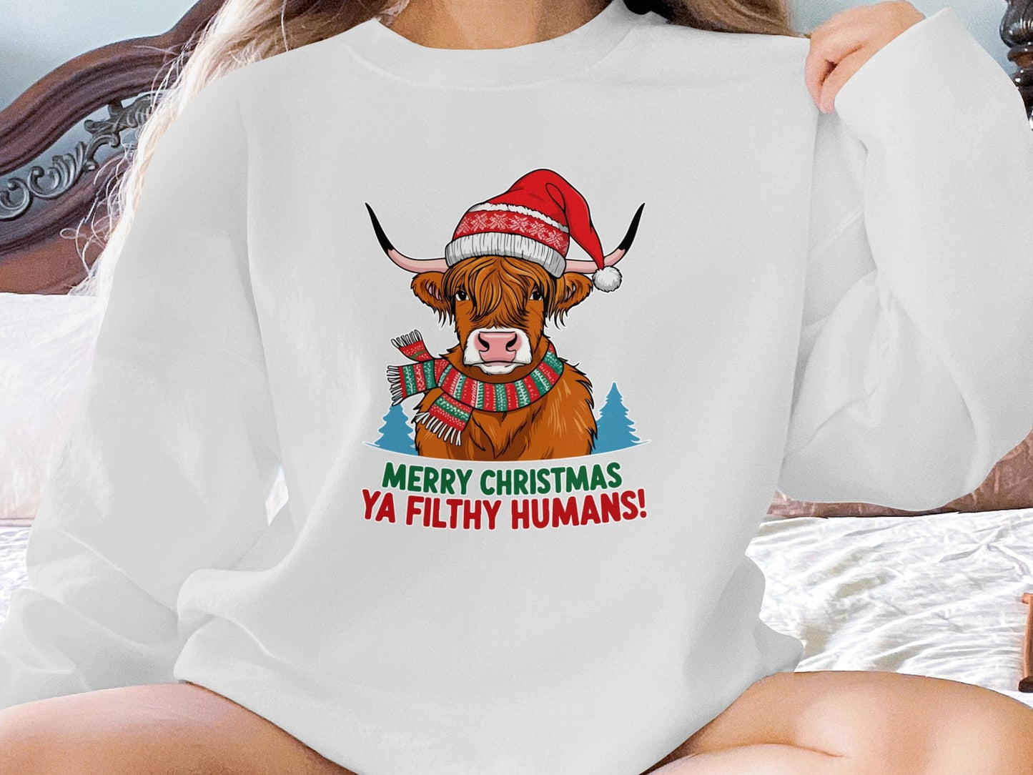 Physical Item Sweatshirts / S / Ash Merry Christmas Ya Filthy Humans Highland Cow Shirt Festive Holiday Top