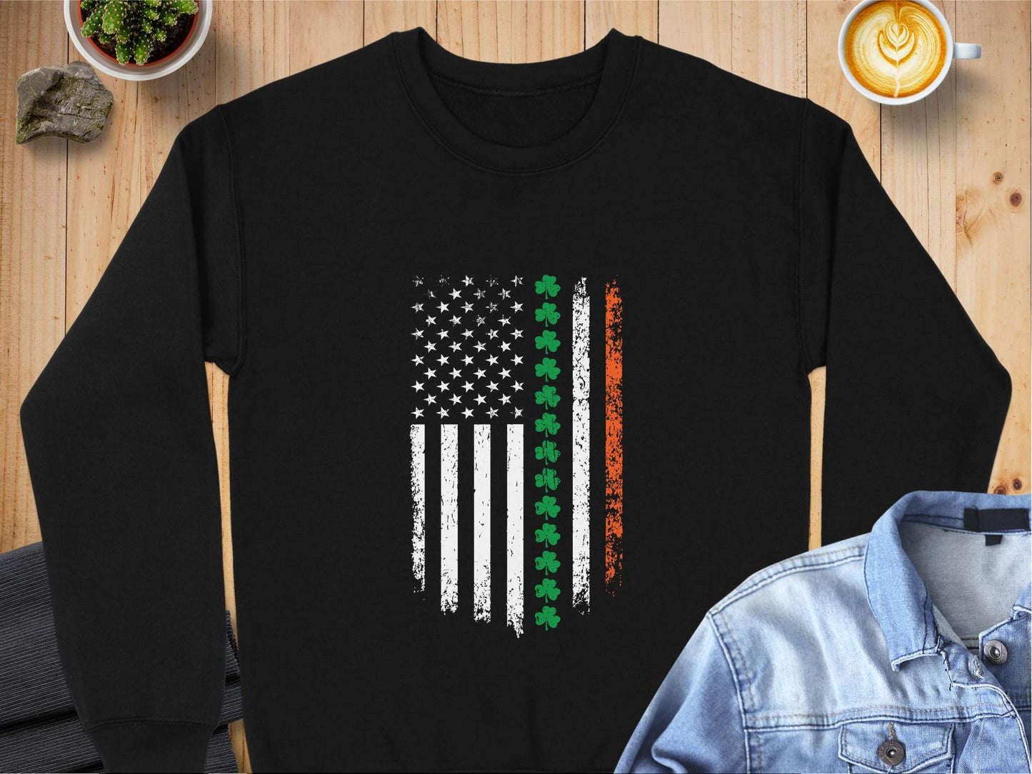 Physical Item Sweatshirts / S / Black Distressed USA Flag Shamrock Stripe Unisex Irish T-shirt Sweatshirt